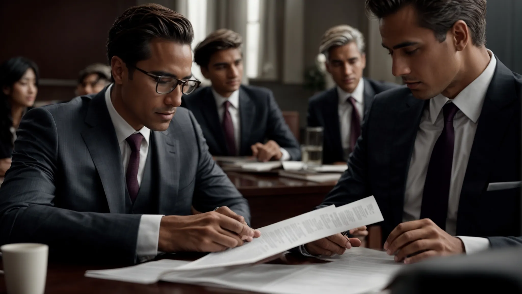 two professionals in suits engaging in a discussion across a table with a legal document spread out in front of them.