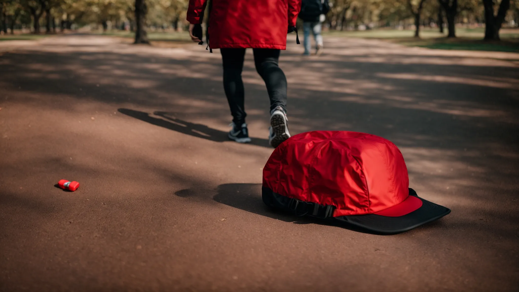 a person carries a lightweight red light therapy cap in a gym bag while walking through a park.