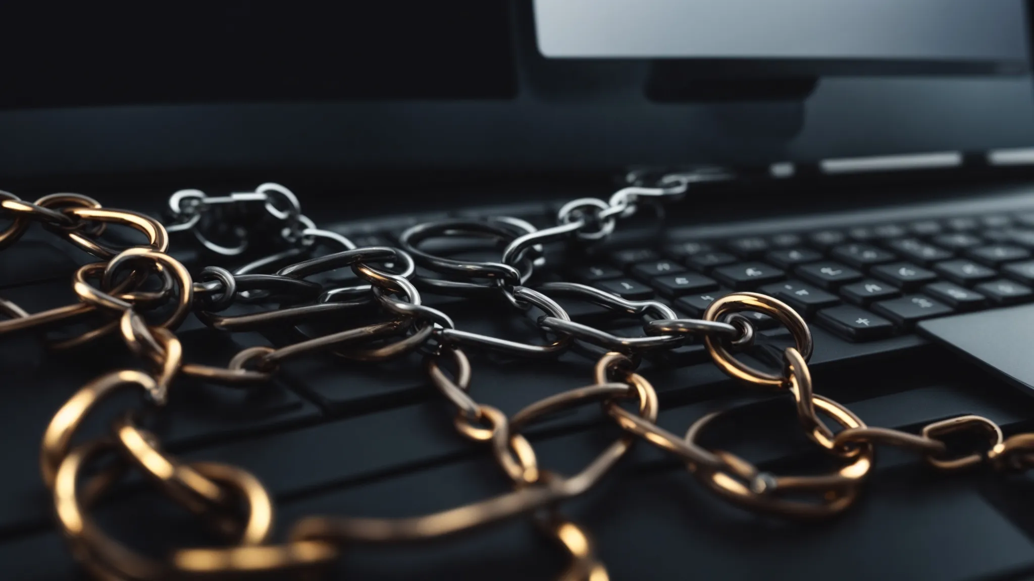 a broken chain link lies on a computer keyboard, symbolizing the risks of unethical link building practices.