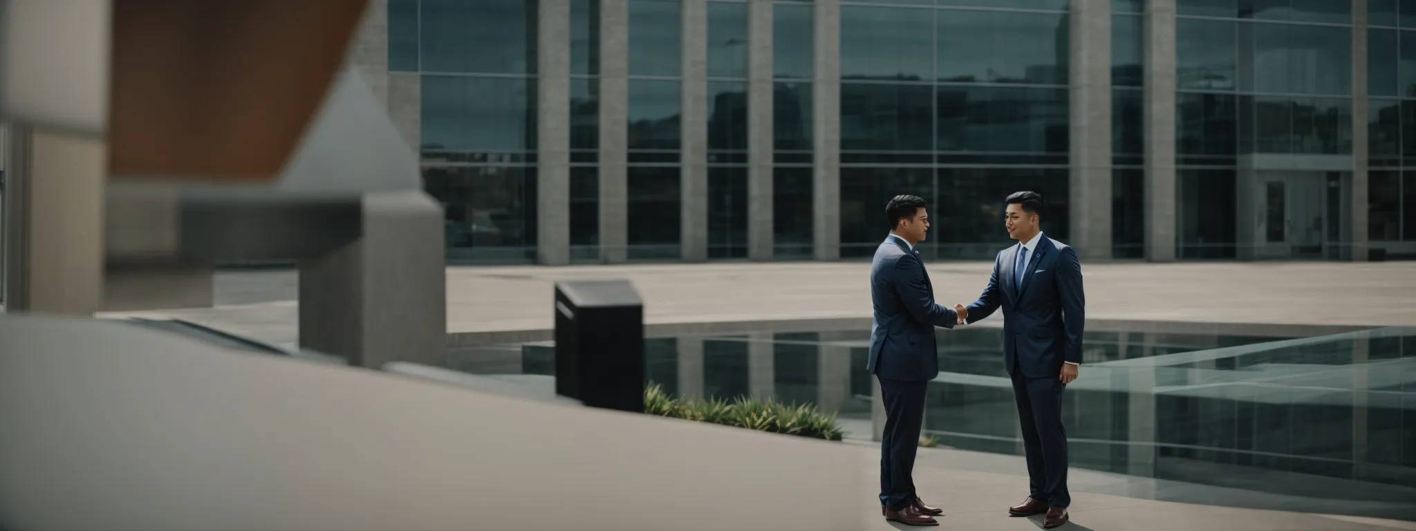 two business professionals shaking hands in front of a large, modern office building, signaling an agreement.