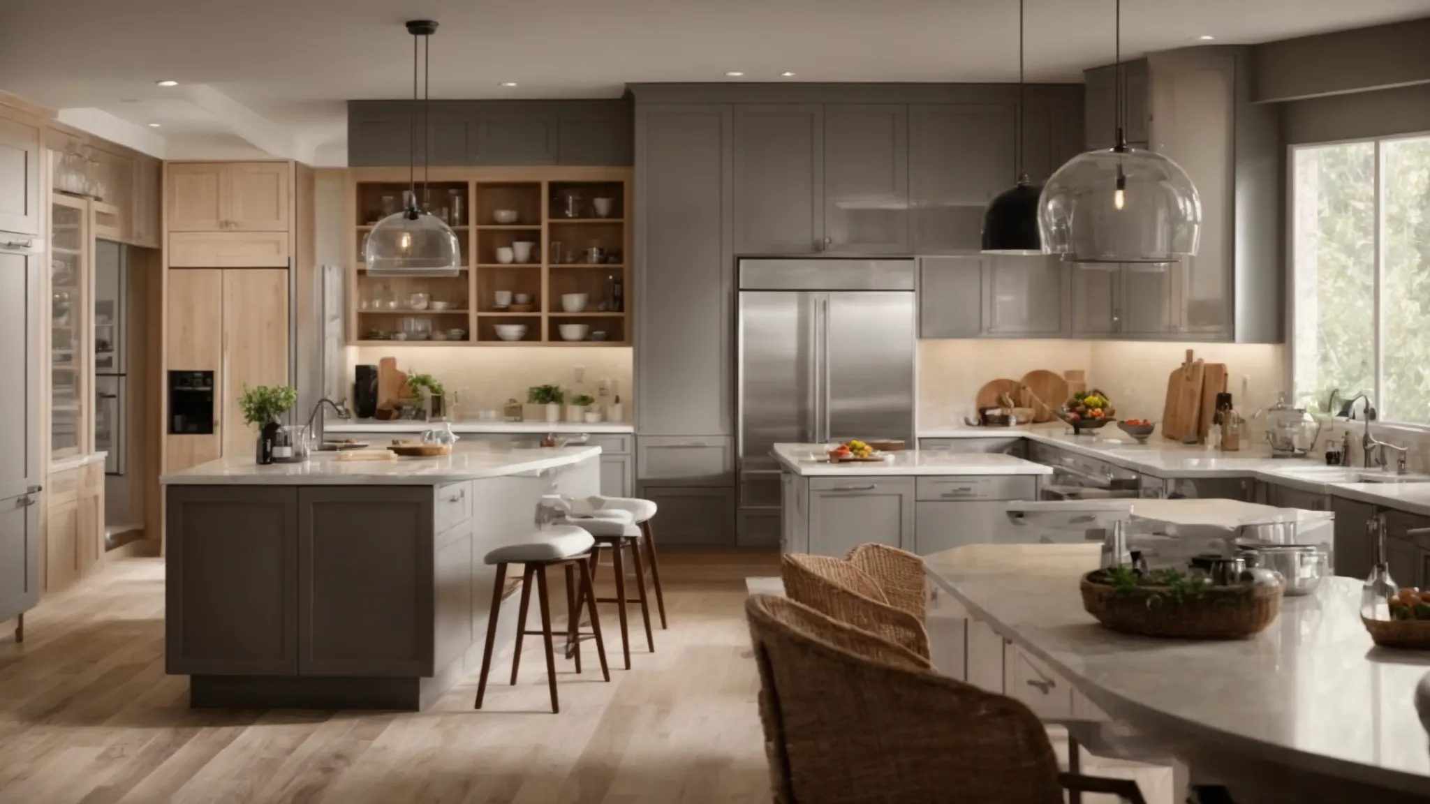 a kitchen mid-renovation, showcasing an array of new cabinets and countertops, with a designer and homeowner discussing plans.