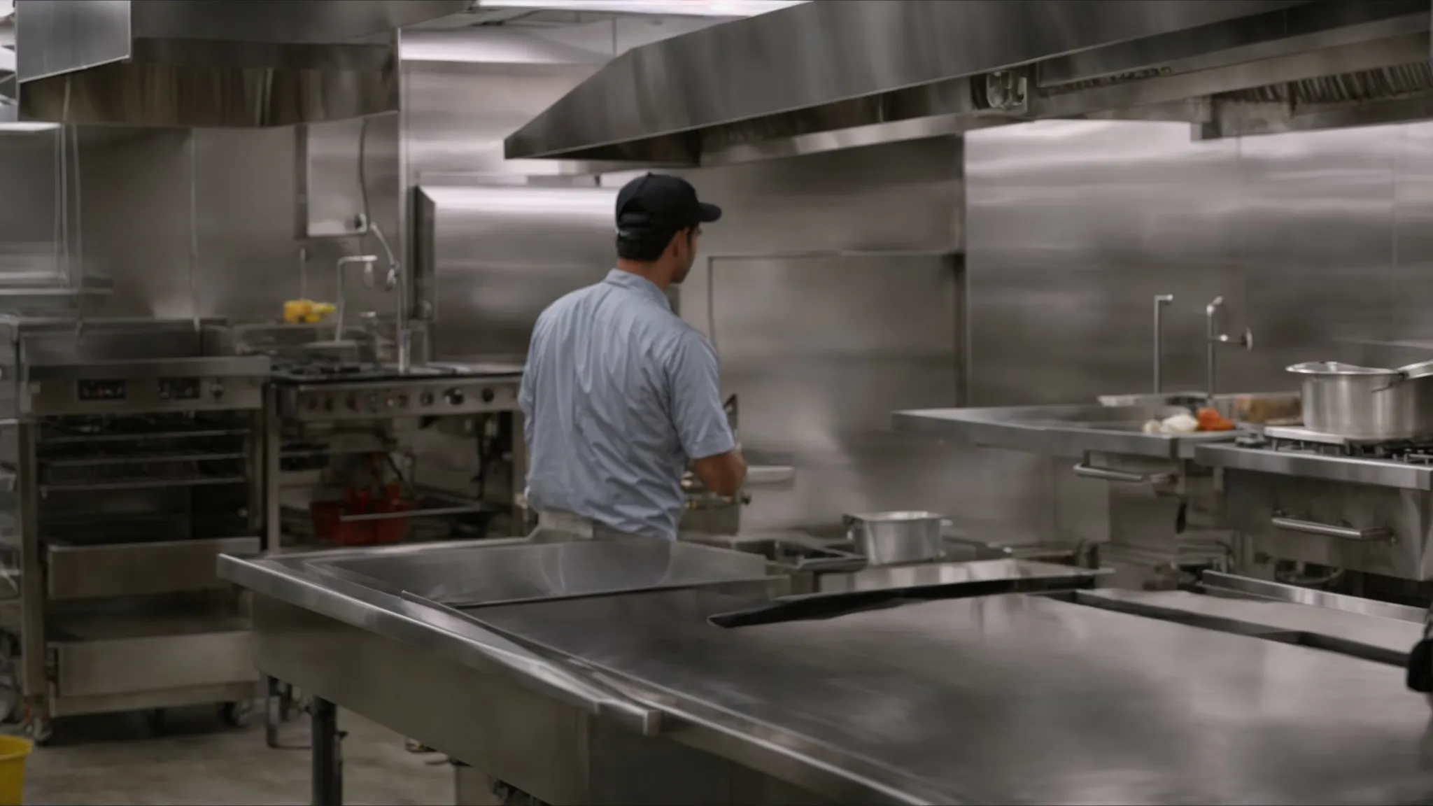 a professional team deep-cleaning a commercial kitchen's exhaust hood, efficiently removing layers of grease and debris.