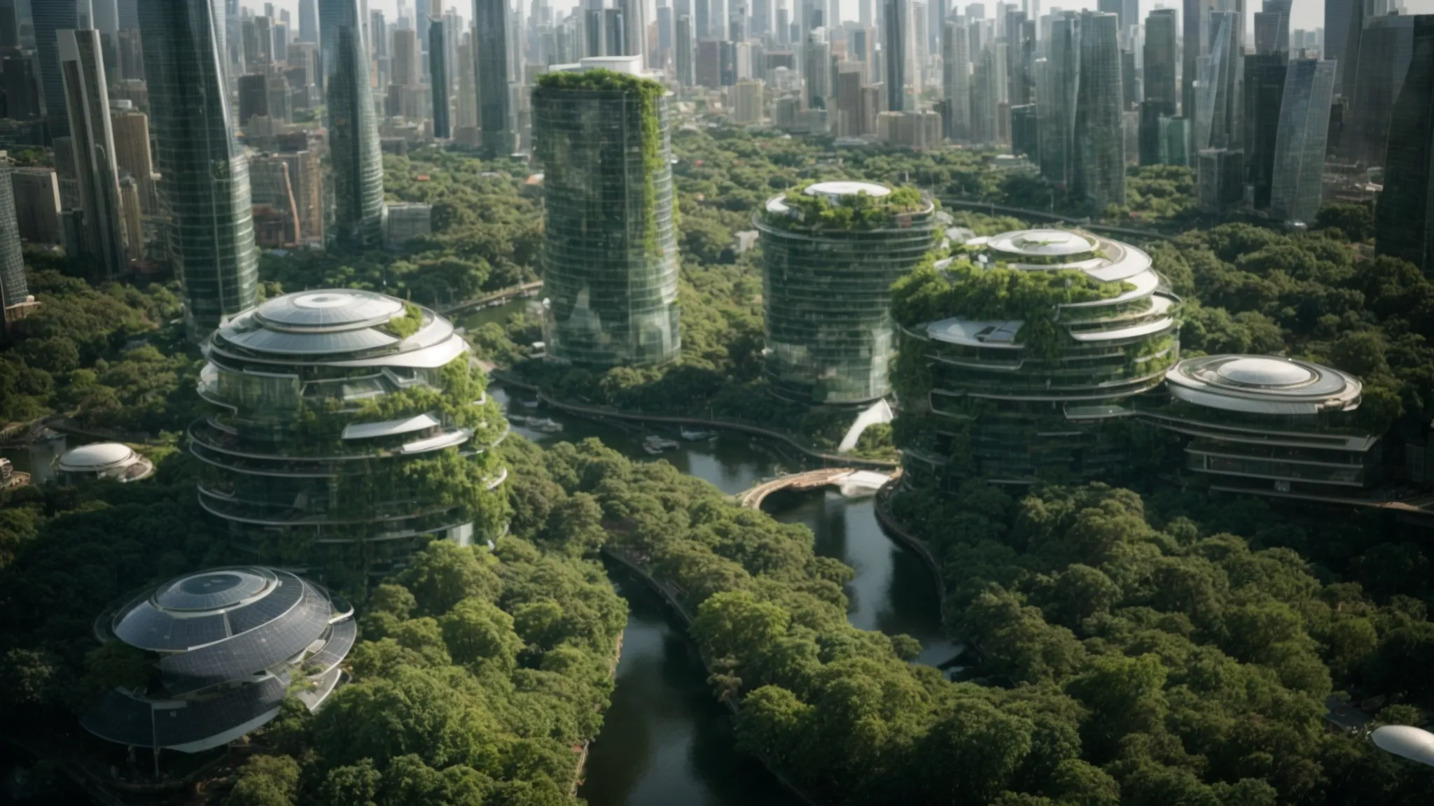 a futuristic cityscape where green spaces and renewable energy sources seamlessly integrate with skyscrapers.