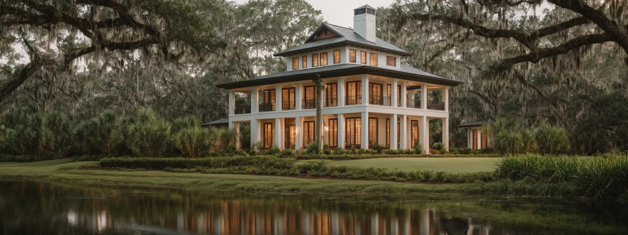 a serene johns island landscape with a newly constructed luxury home amid lush greenery, reflecting the unique, custom elegance promised by oak angel builders.