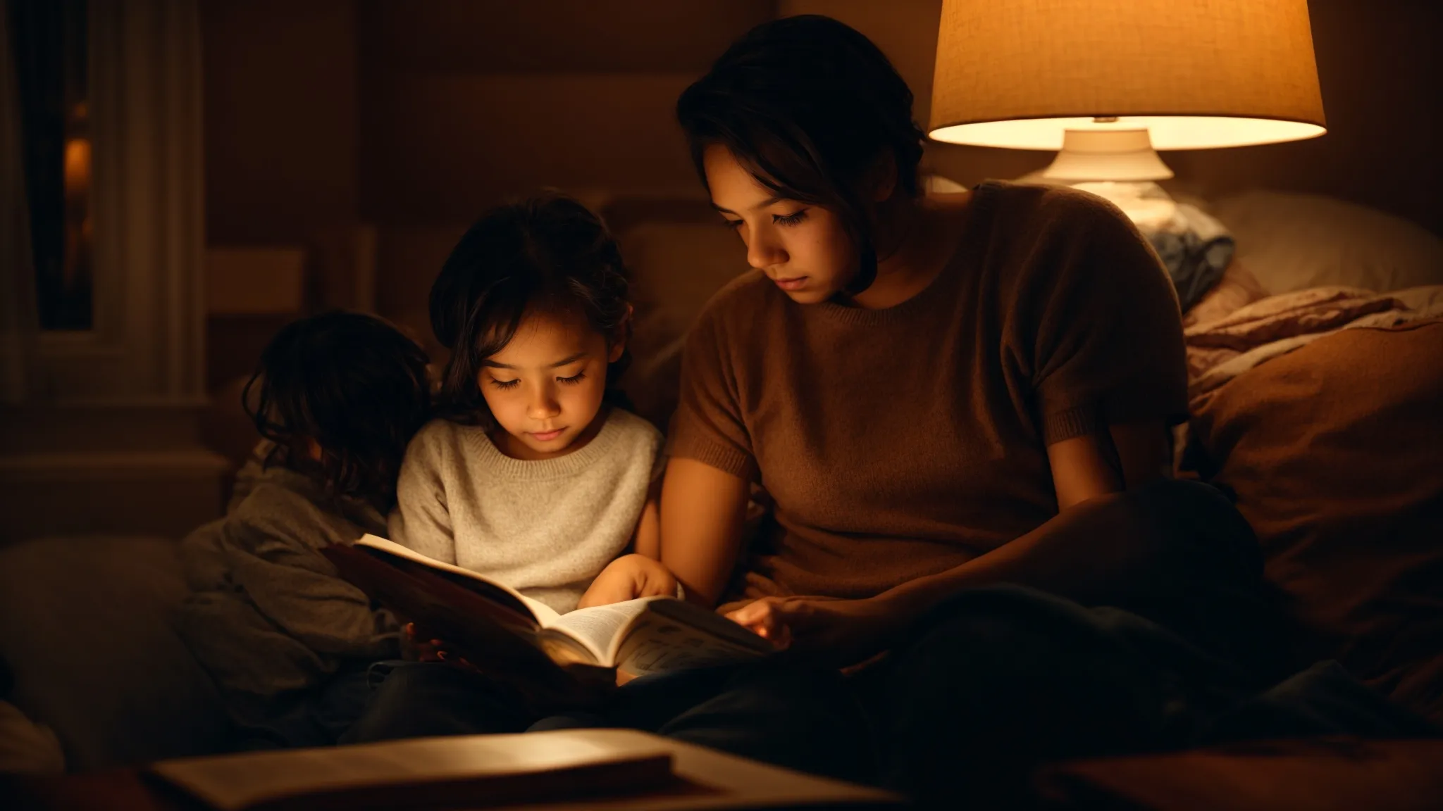 a parent and child sit together, reading a book in a cozy room, bathed in the warm glow of a lamp.