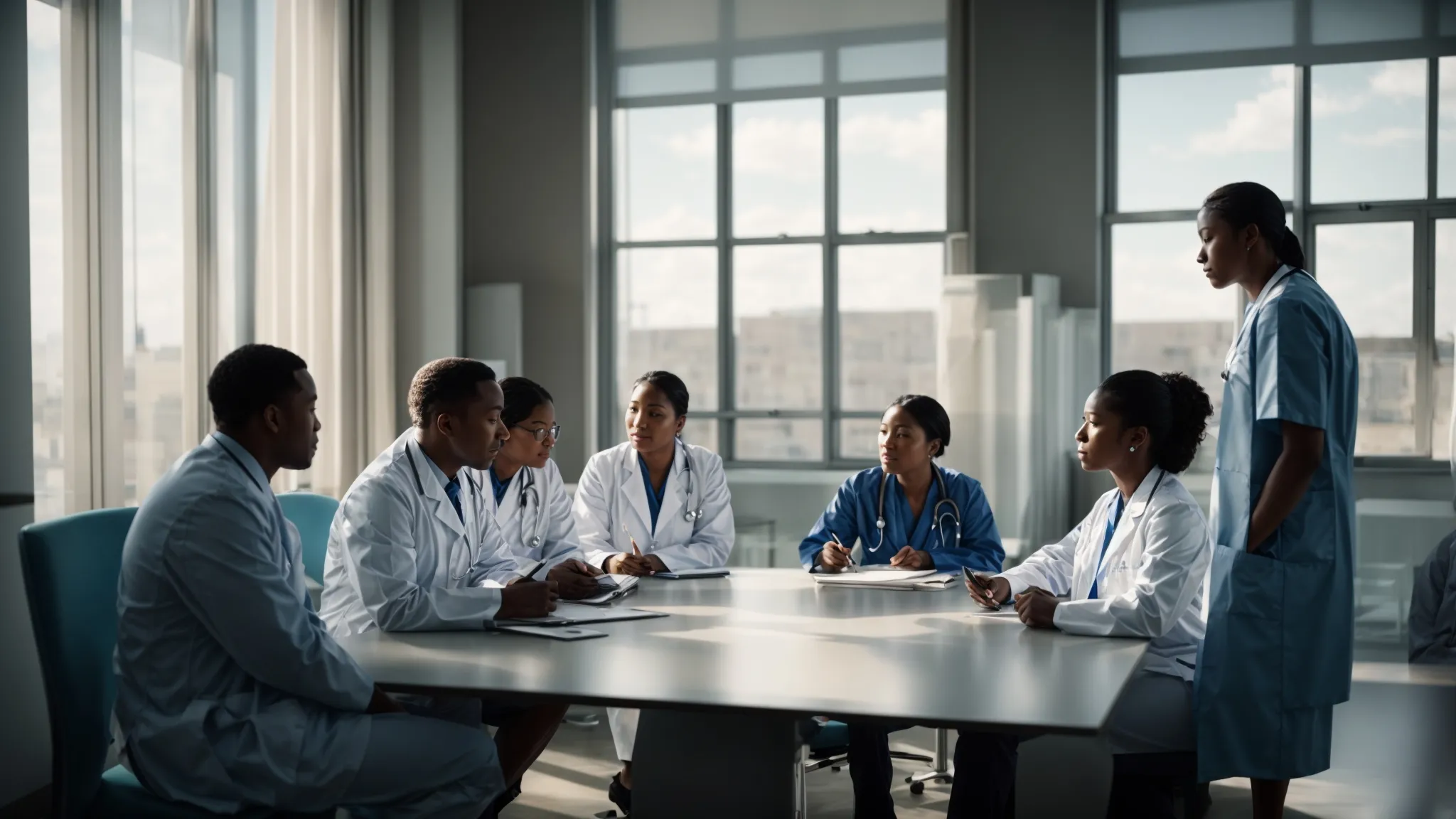 a group of medical professionals gathers around a table to discuss plans, with a clear blue sky seen through the window, symbolizing hope and forward-thinking in healthcare.