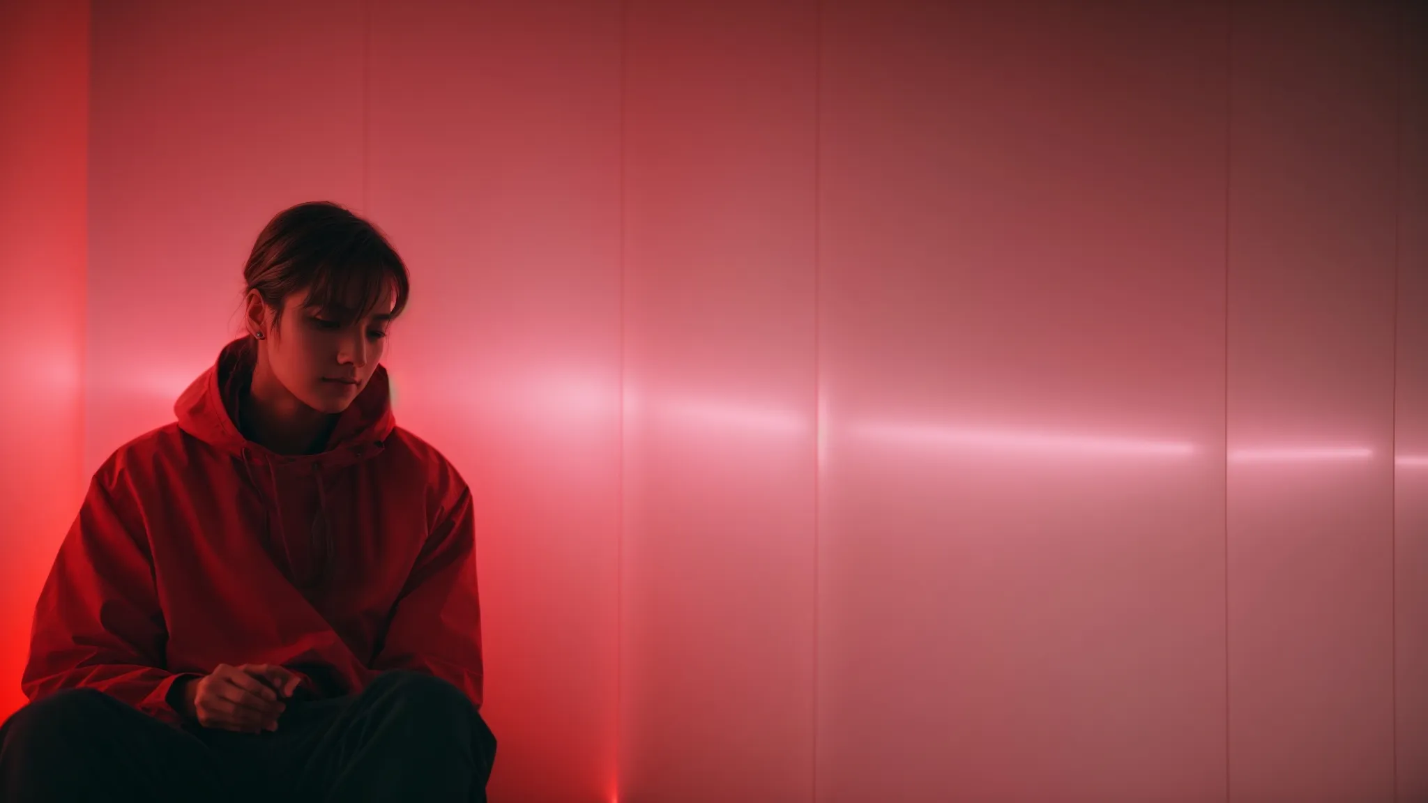 a person sitting peacefully under a panel emitting soft red light therapy devices australia, illuminating a dim room.