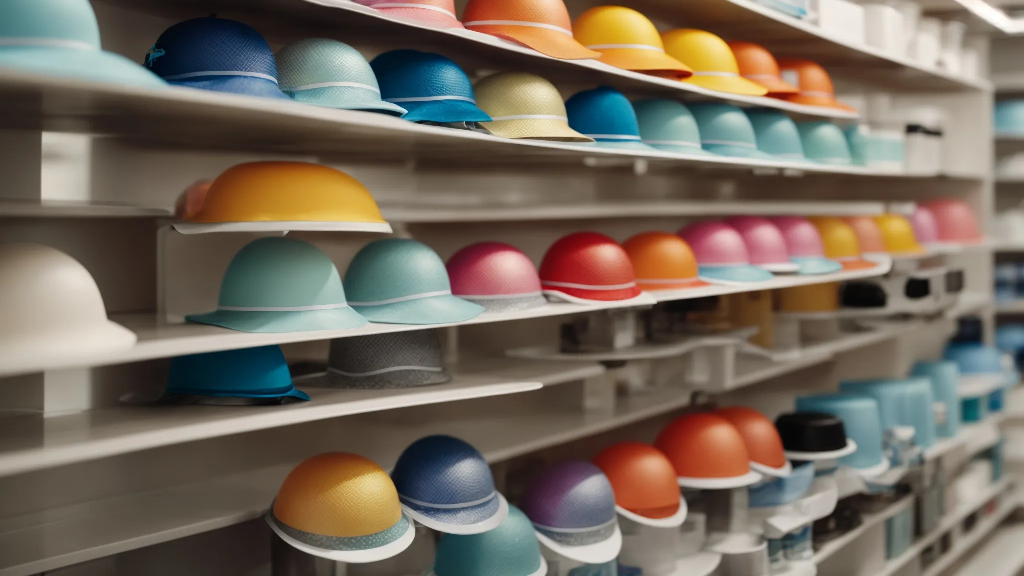 a variety of laser therapy caps displayed on a shelf, each differing in color and design, intended for dandruff treatment.