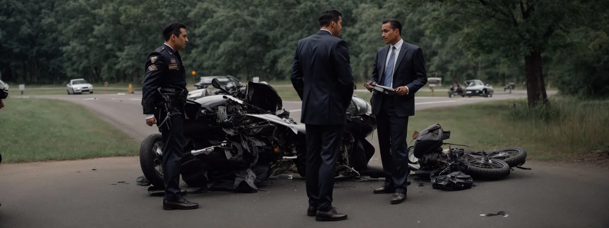 two motorcyclists in conversation with a sharply dressed lawyer beside a crashed motorcycle at the scene of an accident.