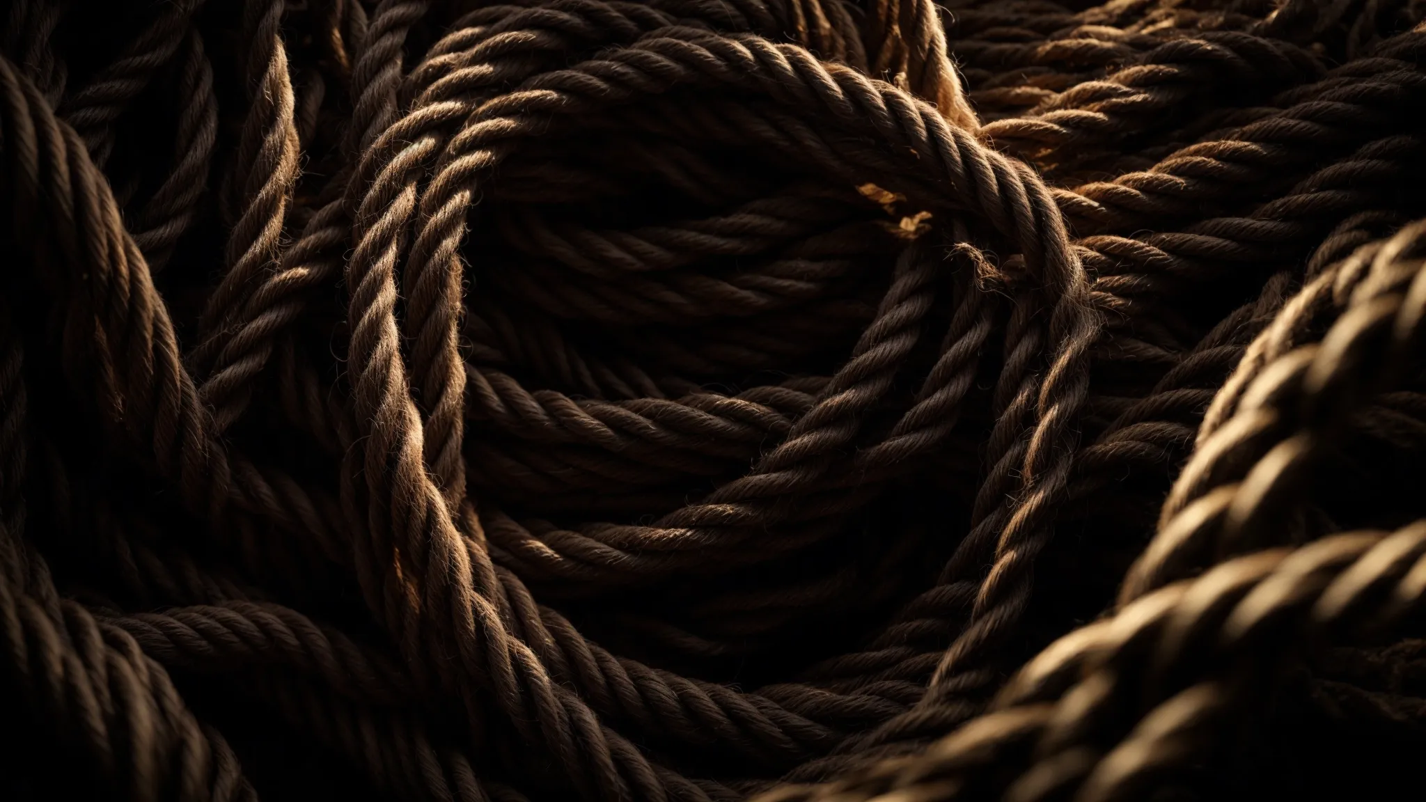 a tangled web of rope on a dimly lit background, symbolizing confusion and disorder.