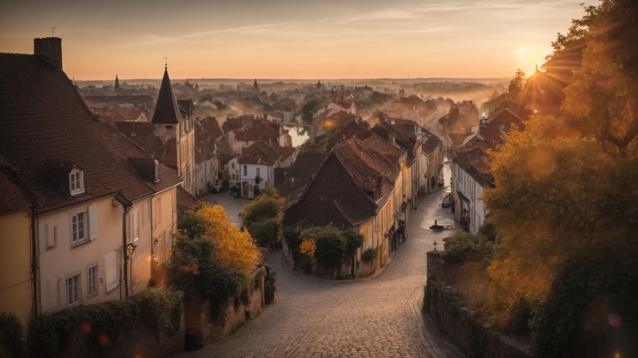 a sunset view over a quaint european village with cobblestone streets leading to a majestic castle.