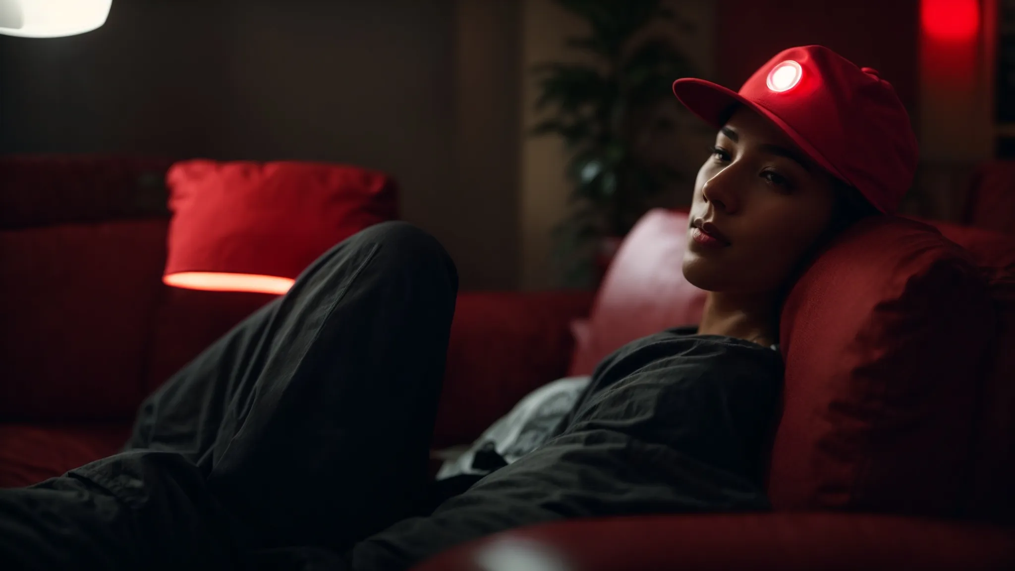 a red light cap glowing atop someone's head as they relax on a couch, symbolizing a tailored therapy session.