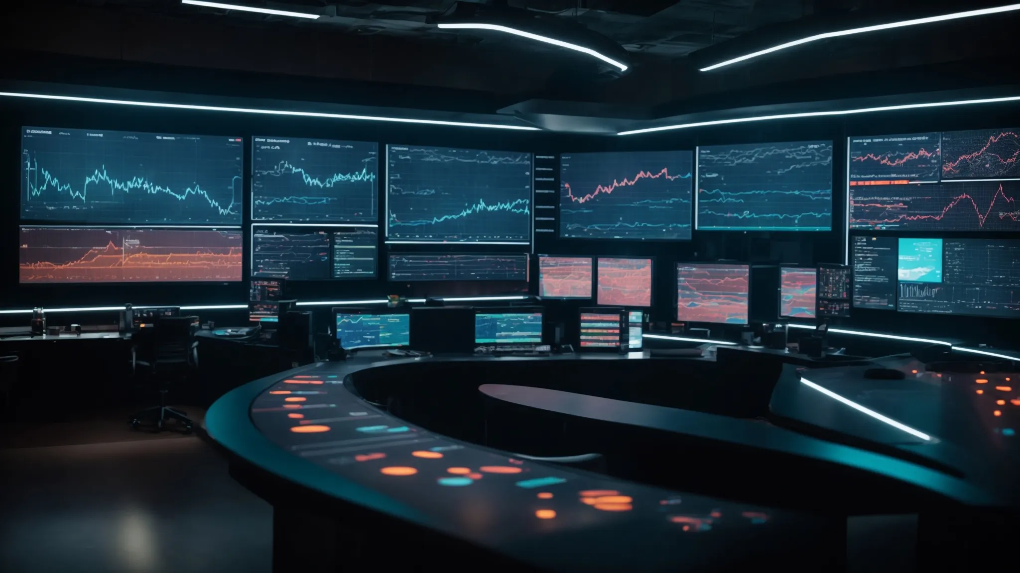 a futuristic control room with glowing screens displaying charts and graphs, symbolizing the innovative power of ai in keyword research automation.