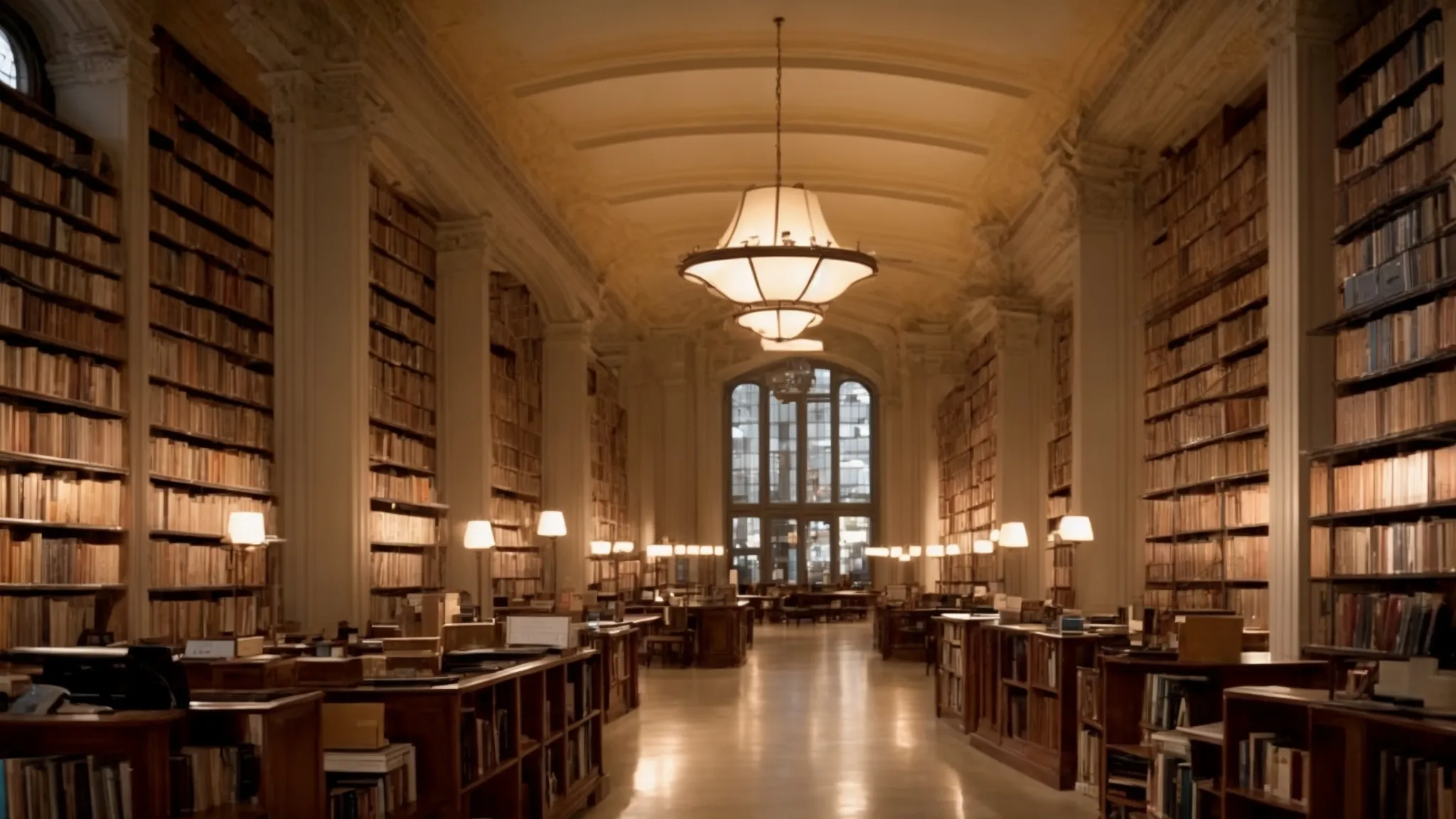 a wide-angle view of a serene library with sprawling shelves filled with an array of books, a few softly lit computer stations in the background, as a symbol of the vast and dynamic knowledge and resources involved in optimizing page authority.