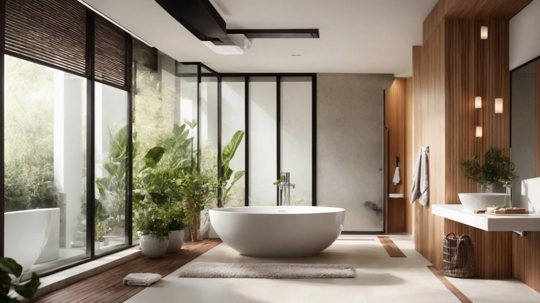 a modern, sleek bathroom with a visible eco-friendly, energy-efficient ventilation fan mounted on the ceiling.