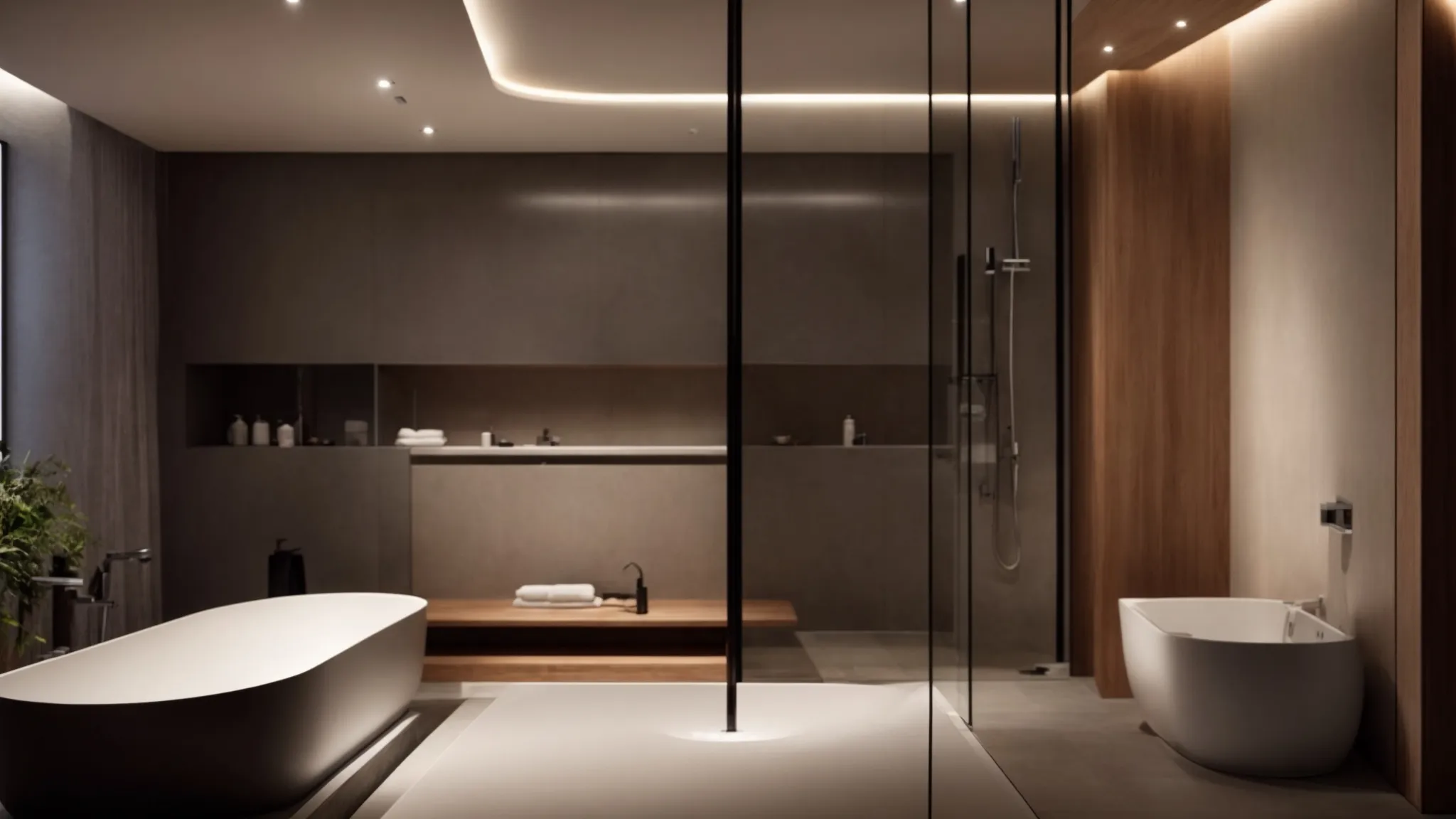 a modern bathroom illuminated with soft, ambient lighting features a sleek, digital shower panel and an elegant freestanding bathtub.