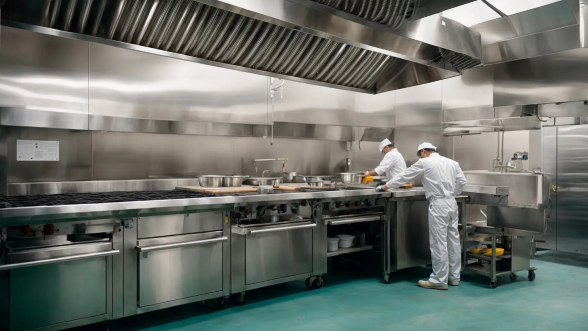 a team of professionals in uniform efficiently cleaning a large commercial kitchen's hood and exhaust system.