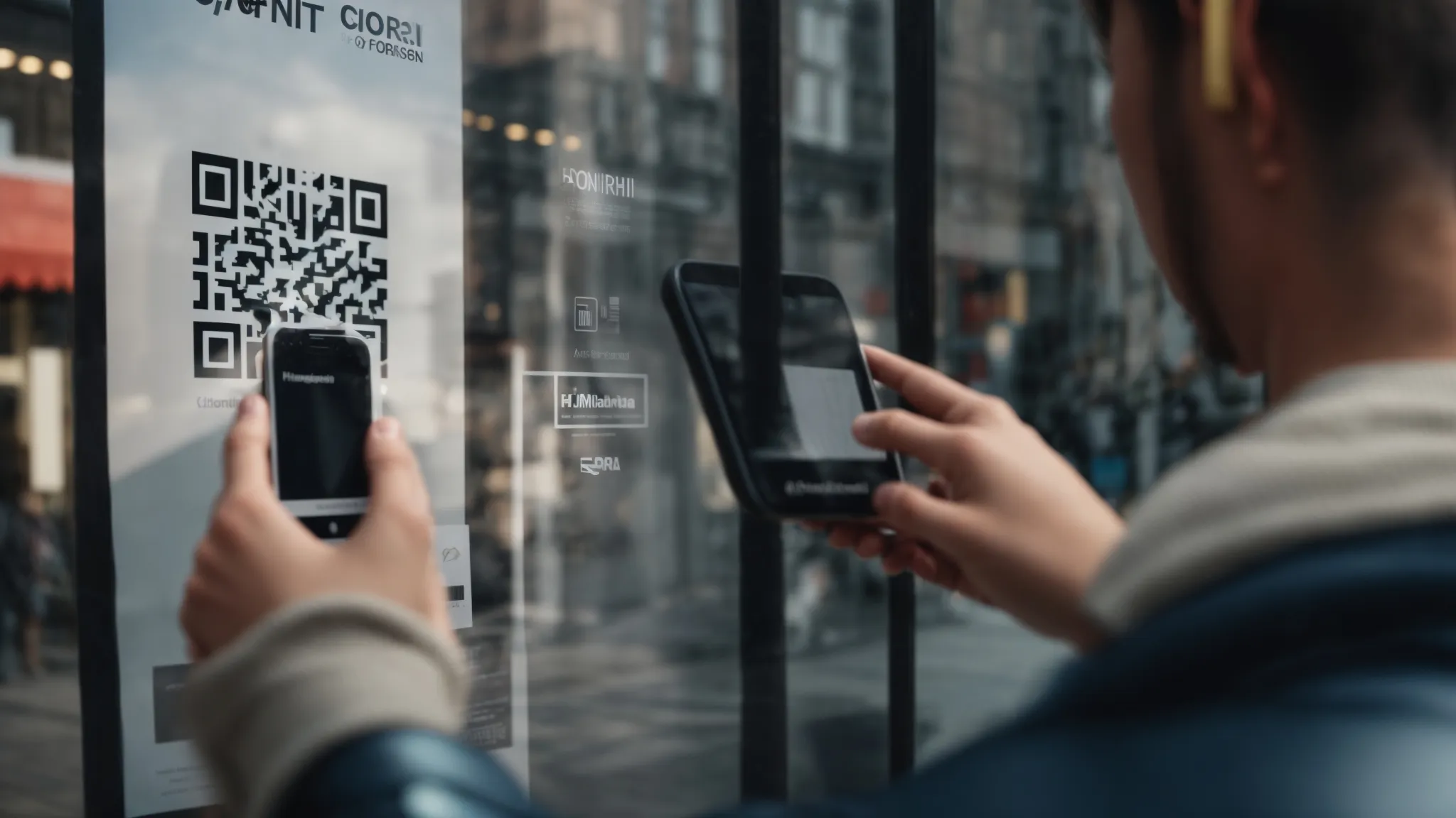 a person scanning a qr code poster placed on a shop window with their smartphone.