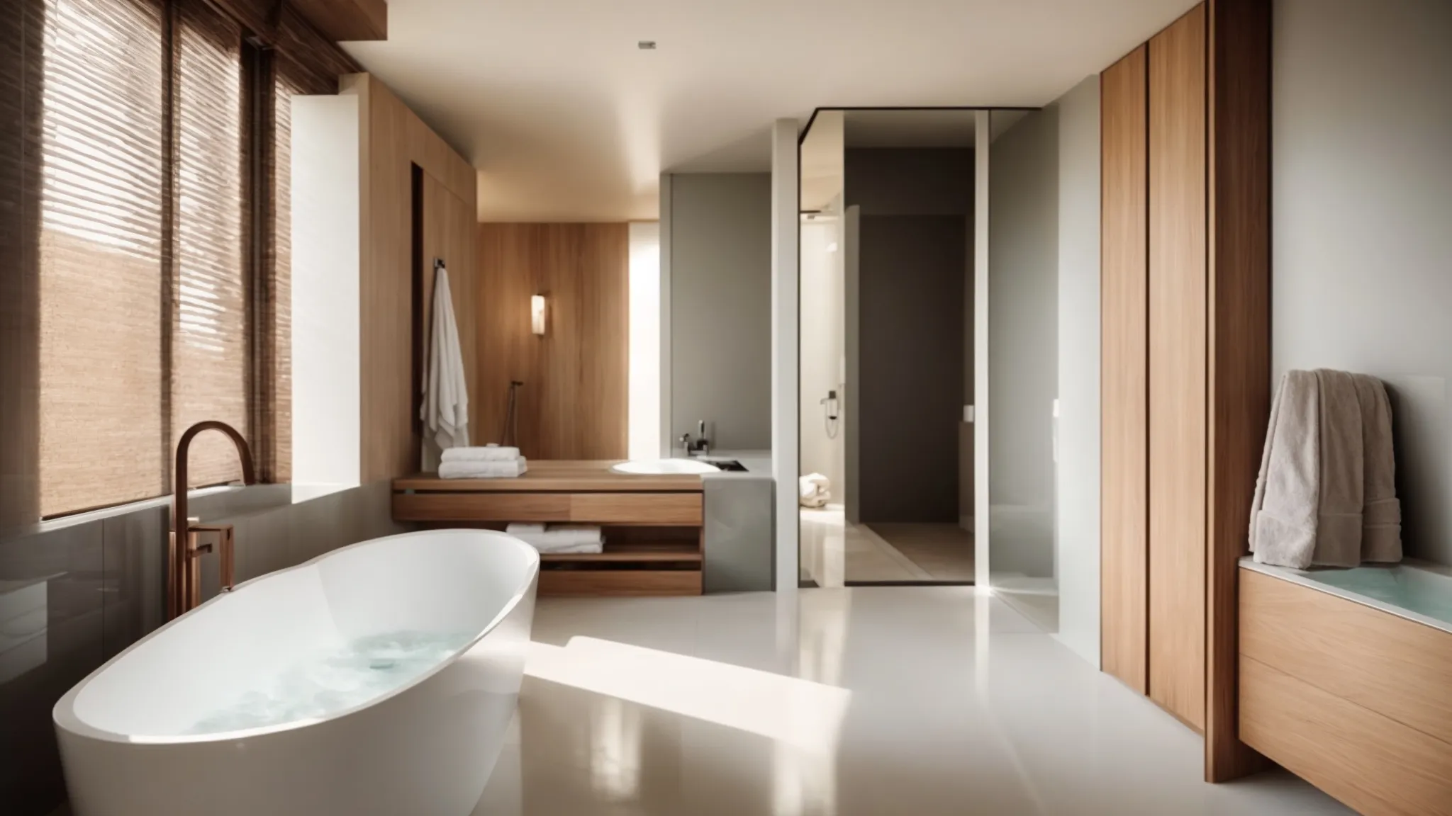 a luxurious free standing bathtub sits prominently in a spacious, minimalist bathroom, illuminated by natural light.