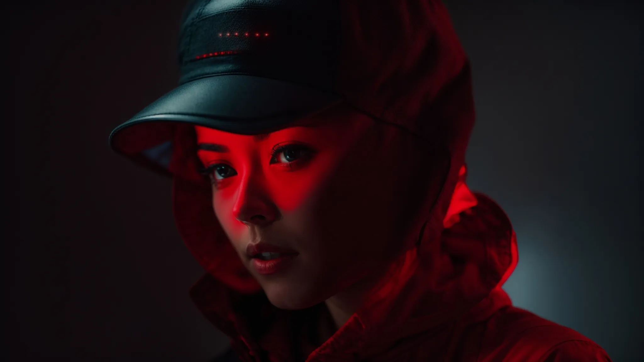 a person wearing a futuristic cap emits a soft red glow over their entire head.