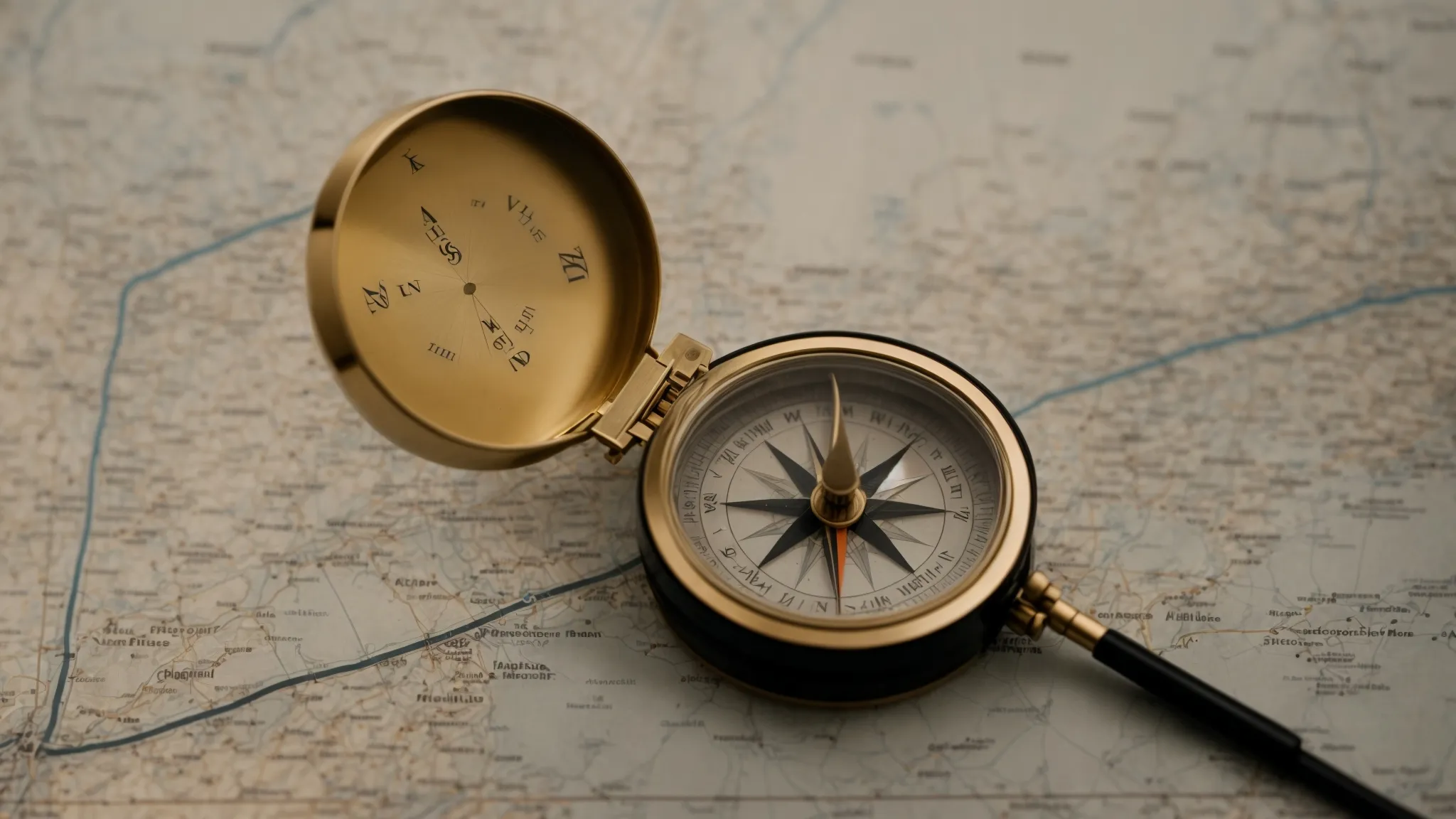 a compass and a map laid out on a table, illuminated by the soft glow of morning light.