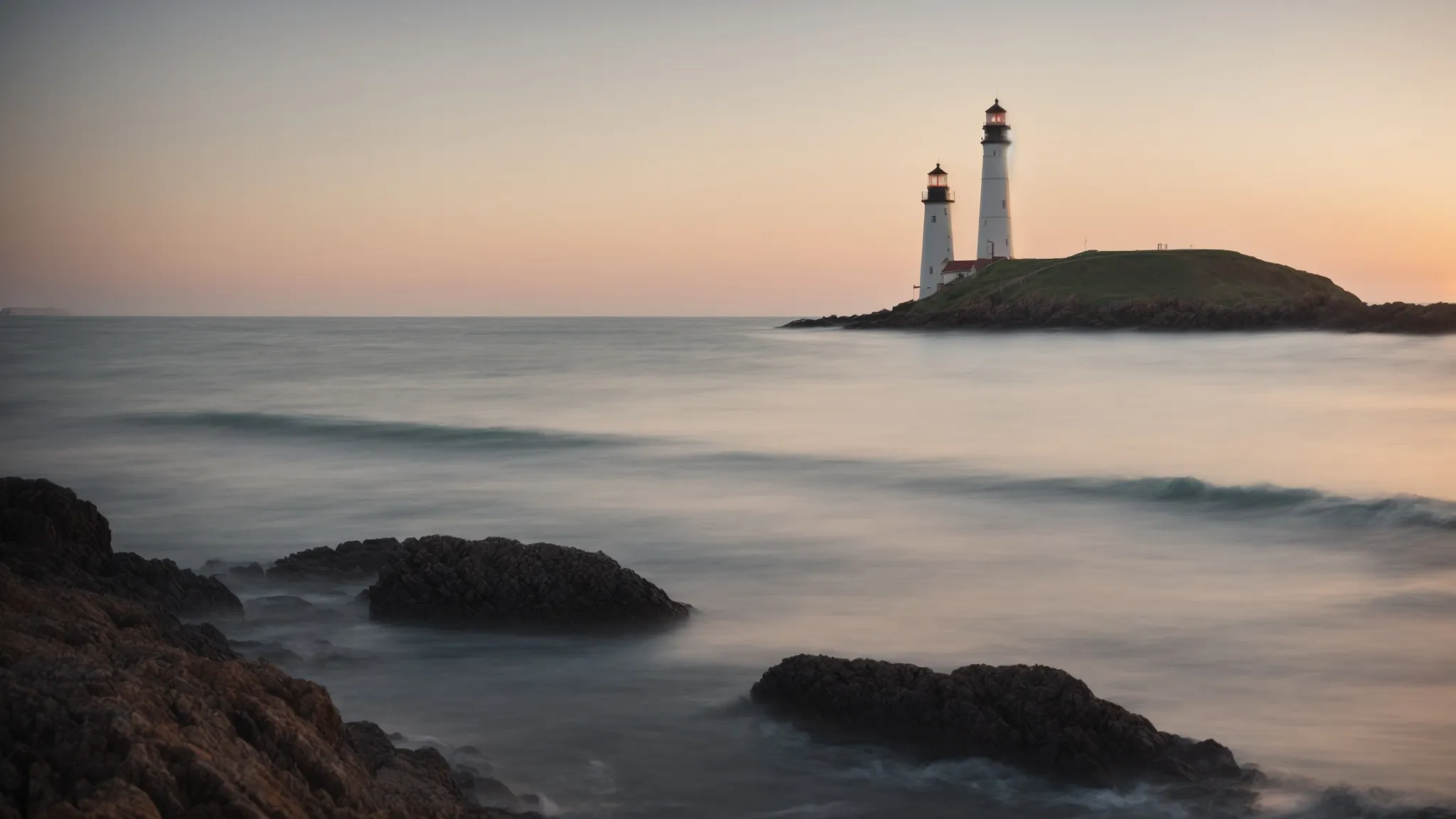 a calm sea at dawn, with a towering lighthouse standing as a beacon amidst the soft glow of the rising sun.