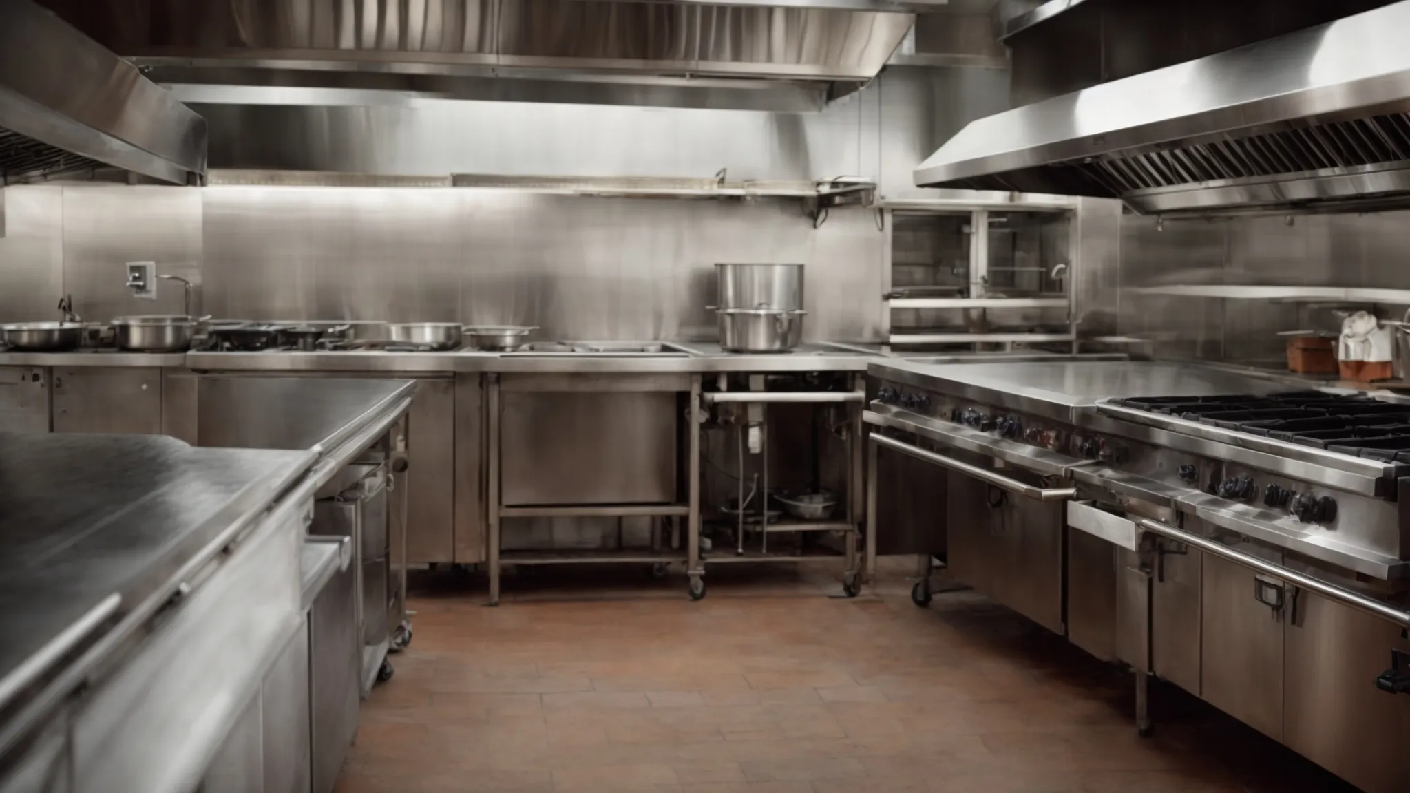 a commercial kitchen with an open grease hood revealing the interior, sans visible logos or intricate details, poised for cleaning.