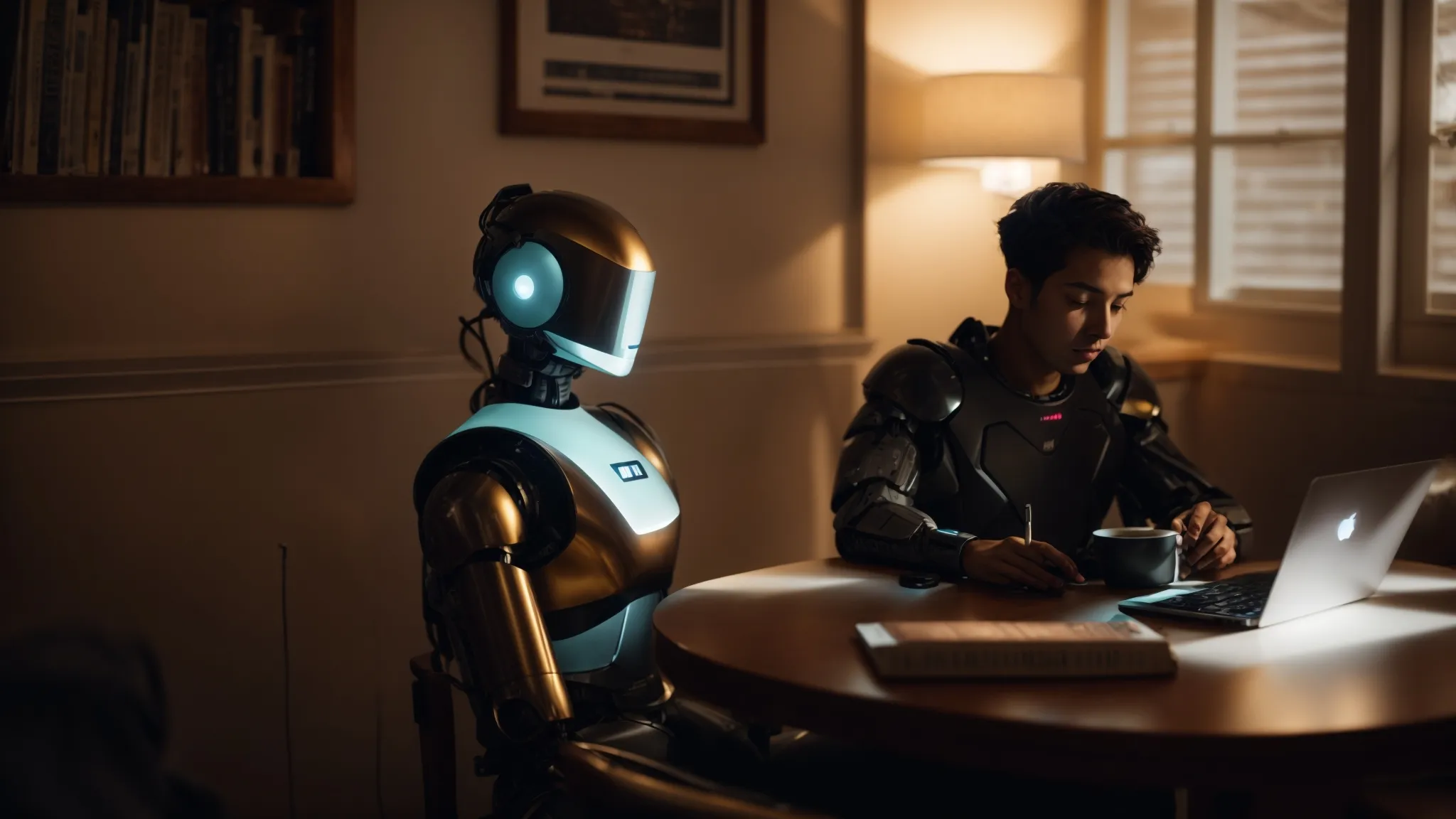 a humanoid robot and a person sit opposite each other at a table, surrounded by books and a laptop, engrossed in a discussion under the soft glow of a lamp.