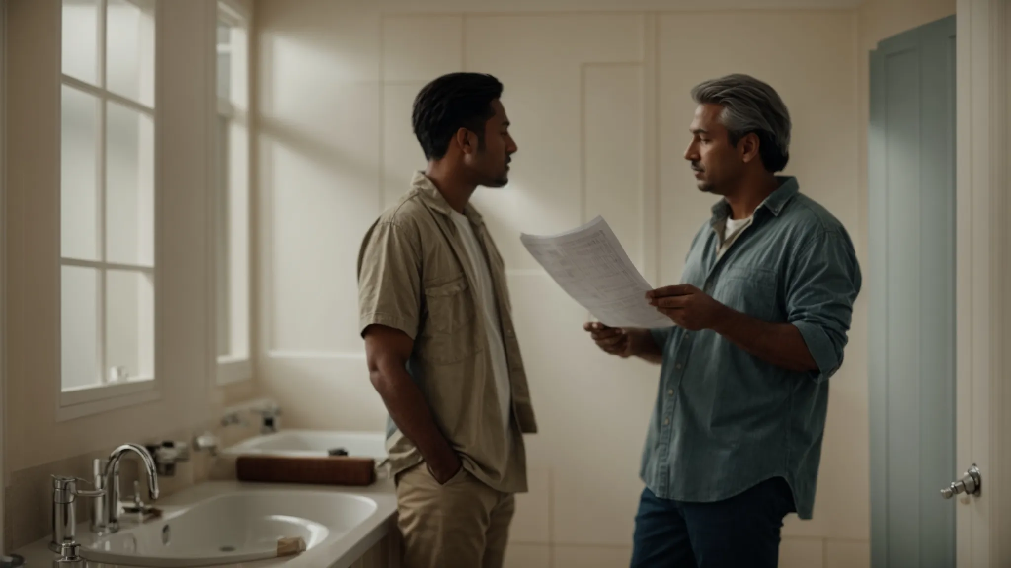 a homeowner and a contractor discuss plans over a blueprint in a spacious, unrenovated bathroom.