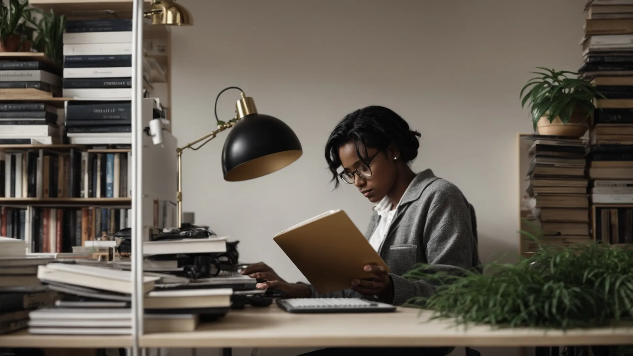 a person sitting at a computer, surrounded by books and a plant, typing on a keyboard.