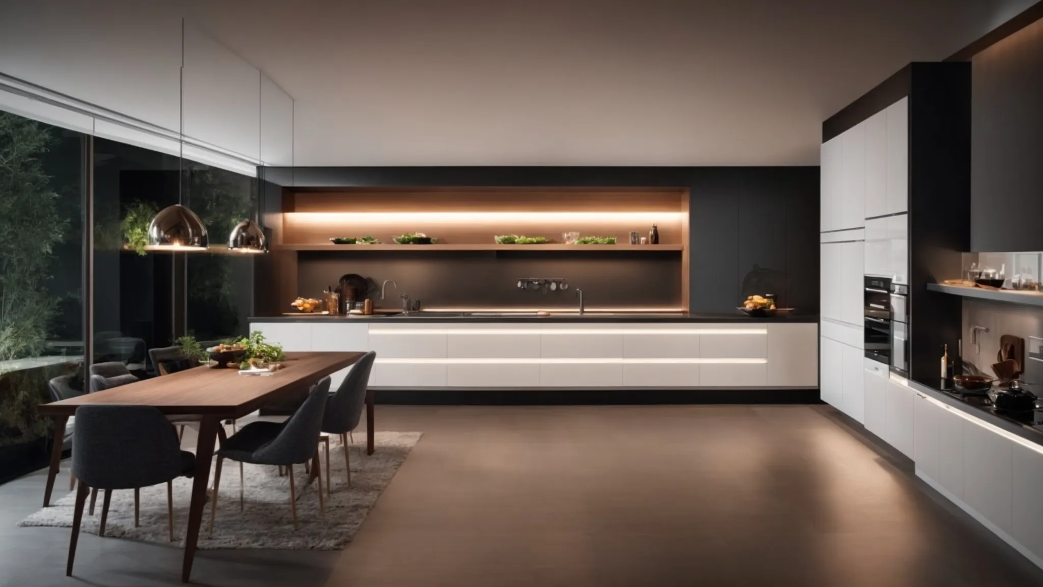 a sleek, modern kitchen illuminated by ambient lighting features an interactive smart display on the wall, controlling various appliances.