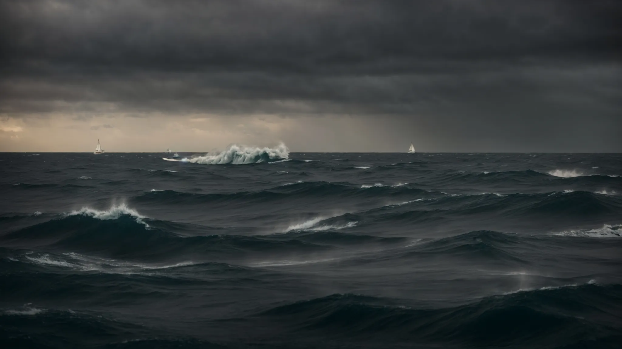 a sailboat glides through choppy waters, guided by a distant lighthouse amidst a darkening sky.