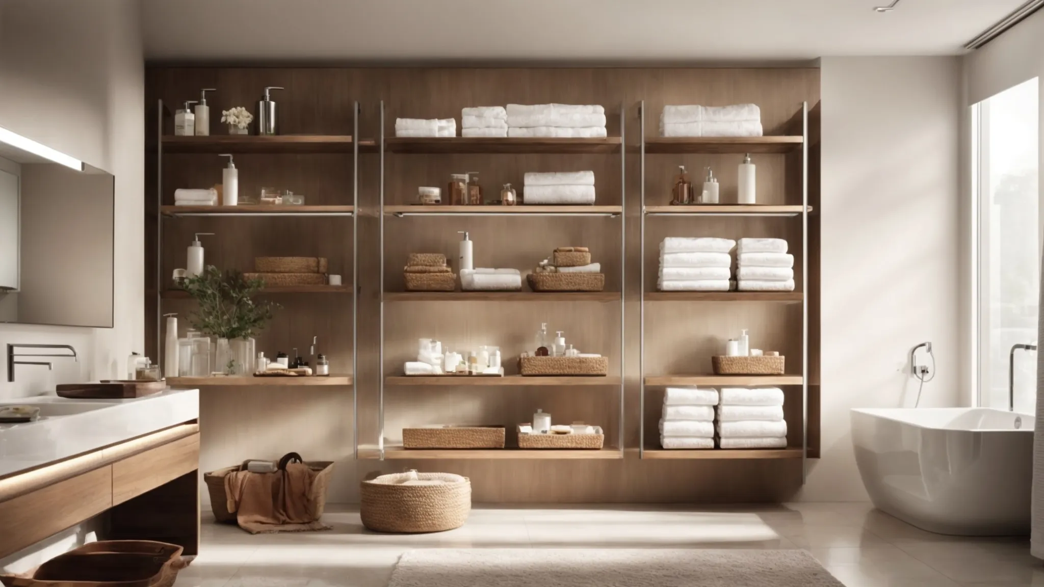 a bathroom with sleek open shelves displaying neatly organized towels and toiletries, enhancing both storage and aesthetics.