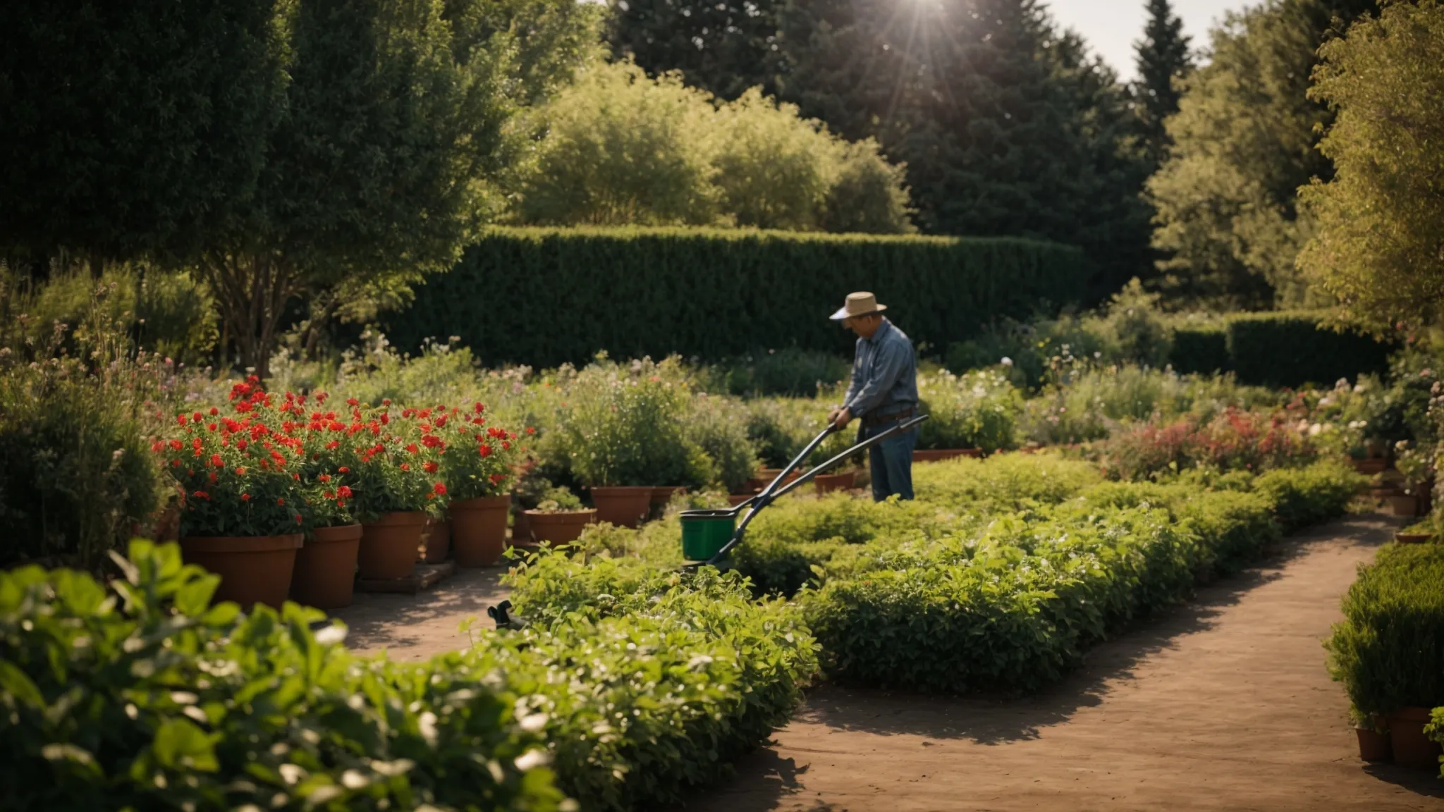 a lone gardener meticulously pruning a vast, flourishing garden under the bright afternoon sun.