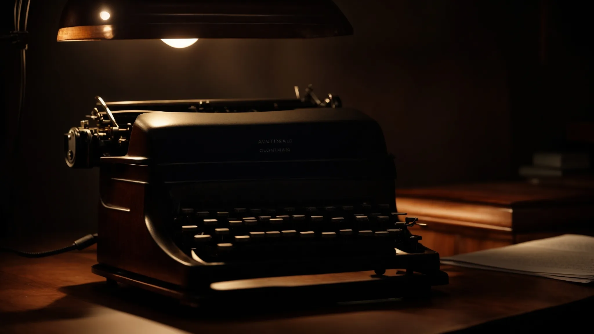 a vintage typewriter sits alone on an ancient wooden desk, illuminated by the soft glow of a single desk lamp in a dark room.