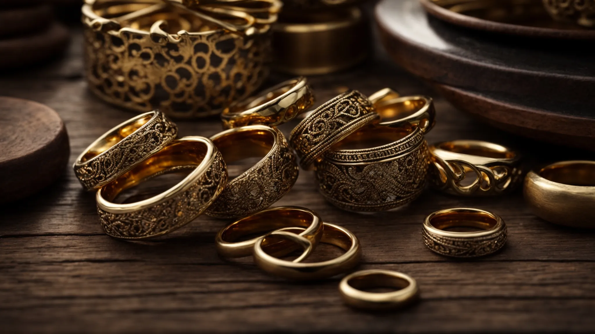 a weathered wooden table holds a collection of intricate vintage gold rings, each with unique patterns and a soft glow.