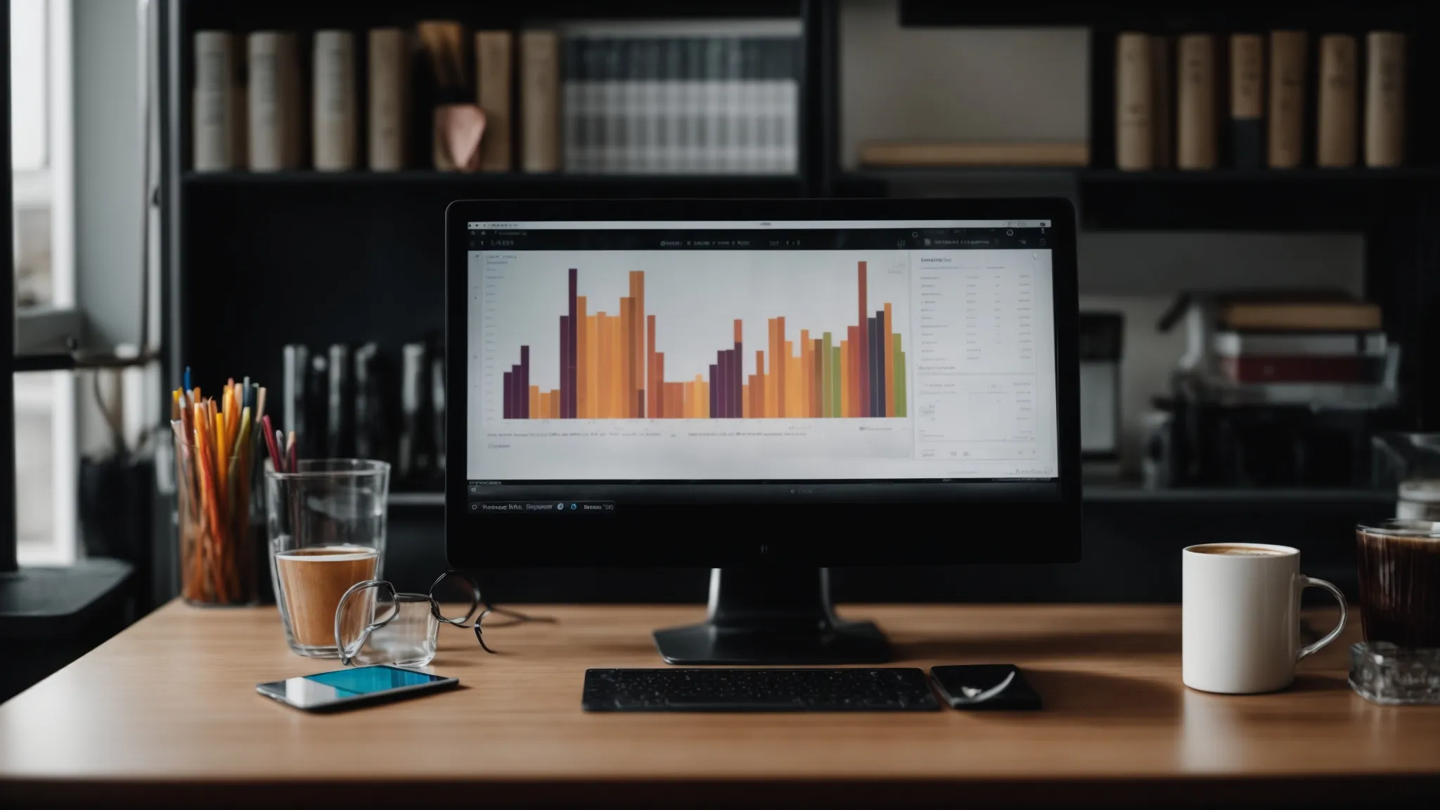 a computer screen displaying colorful trend graphs amidst business tools and a cup of coffee nearby.