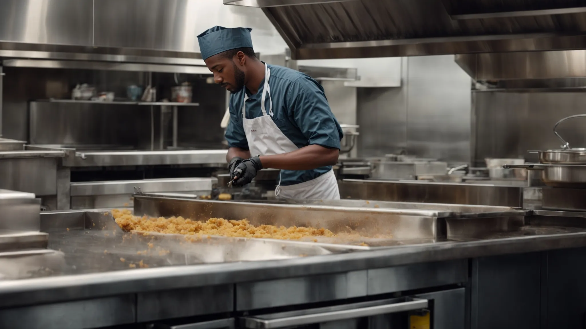 a professional team thoroughly cleans a restaurant kitchen, emphasizing a grease-free hood and stainless-steel surfaces.