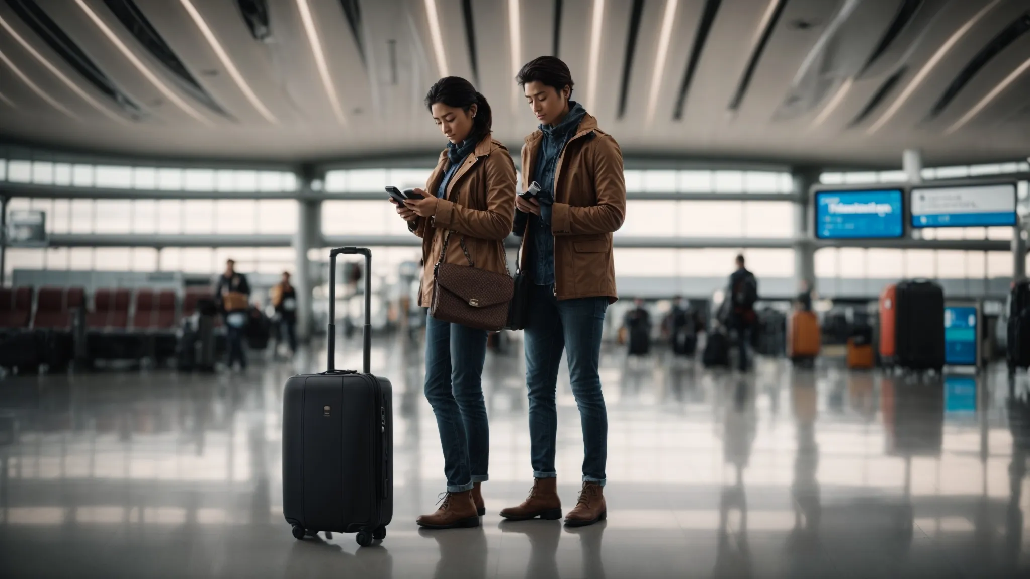 a traveler is standing in an airport terminal, surrounded by their smart luggage, wearing noise-cancelling headphones, and checking a travel app on their smartphone.