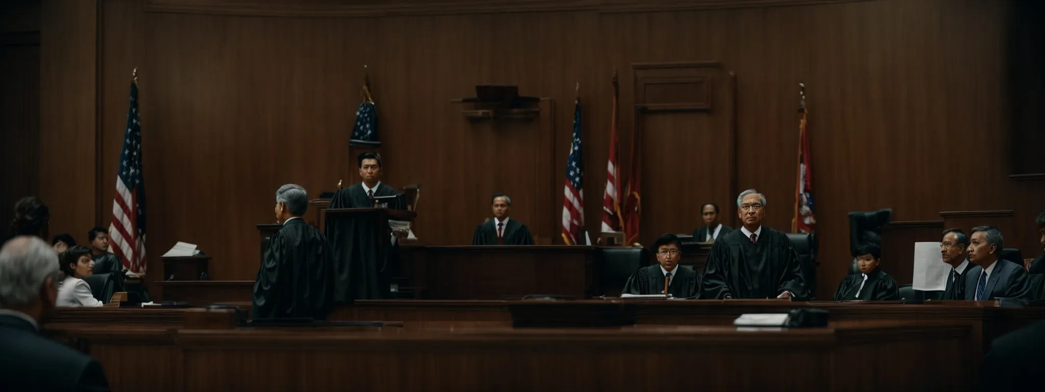 a courtroom with an attorney presenting to a judge without focusing on individual faces or intricate details.