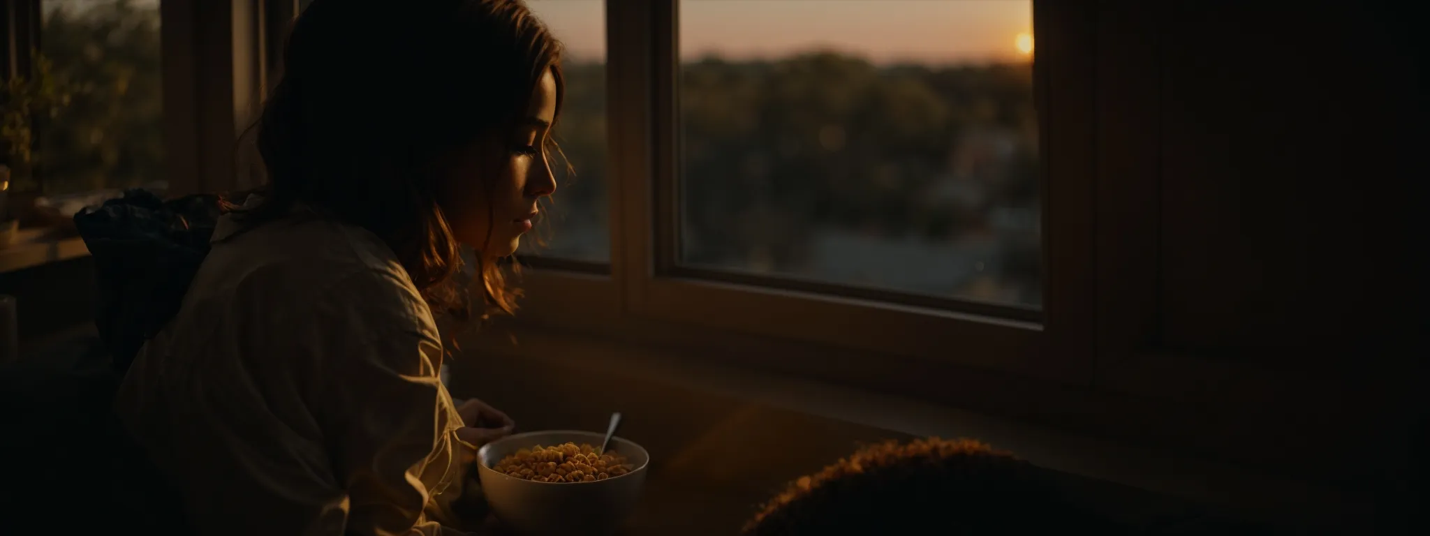 a person peacefully sitting by the window, eating a bowl of cereal as the sun sets.