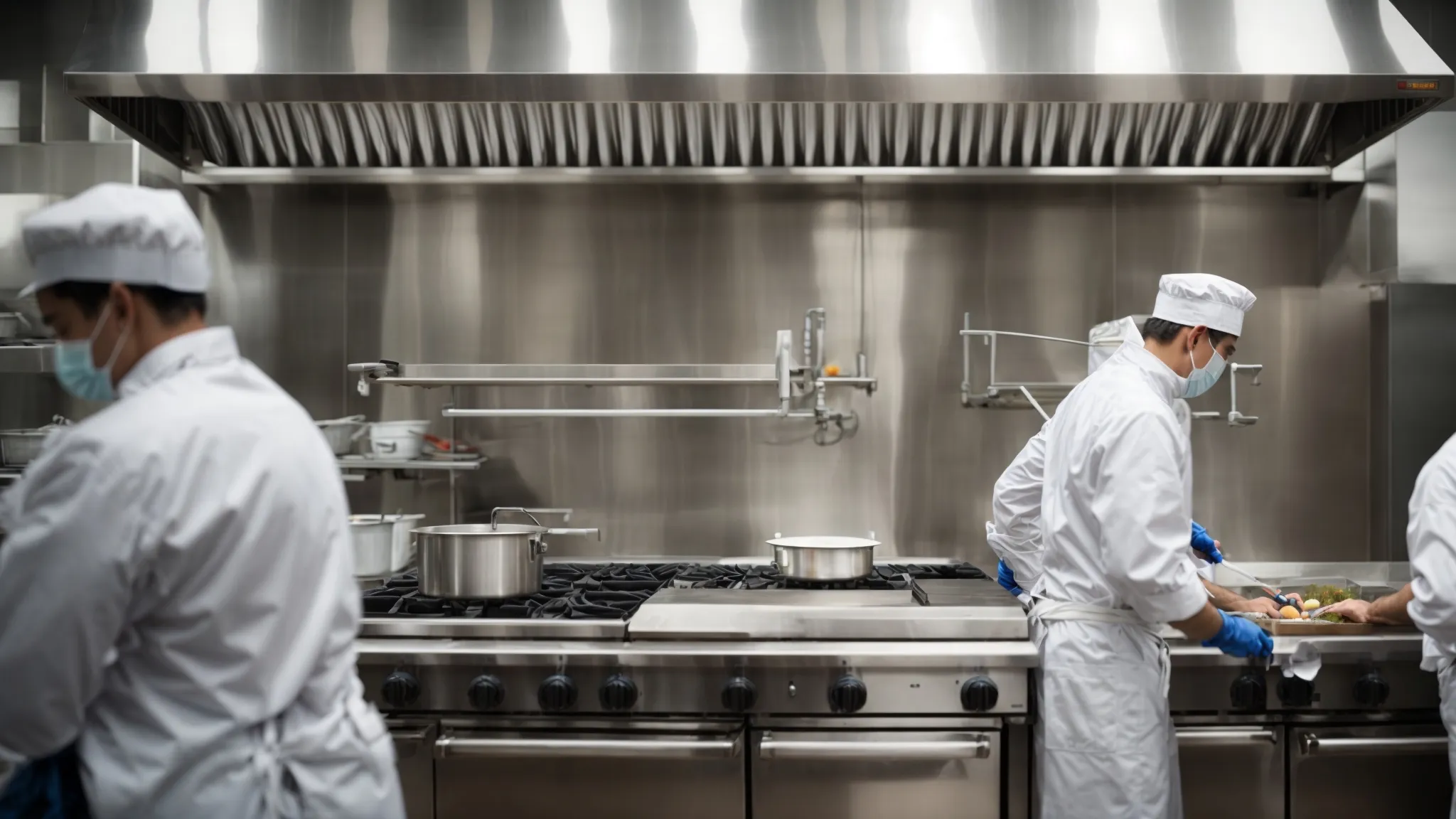 a professional team meticulously cleans the expansive stainless-steel surface of a commercial kitchen's hood, ensuring safety and air purity.