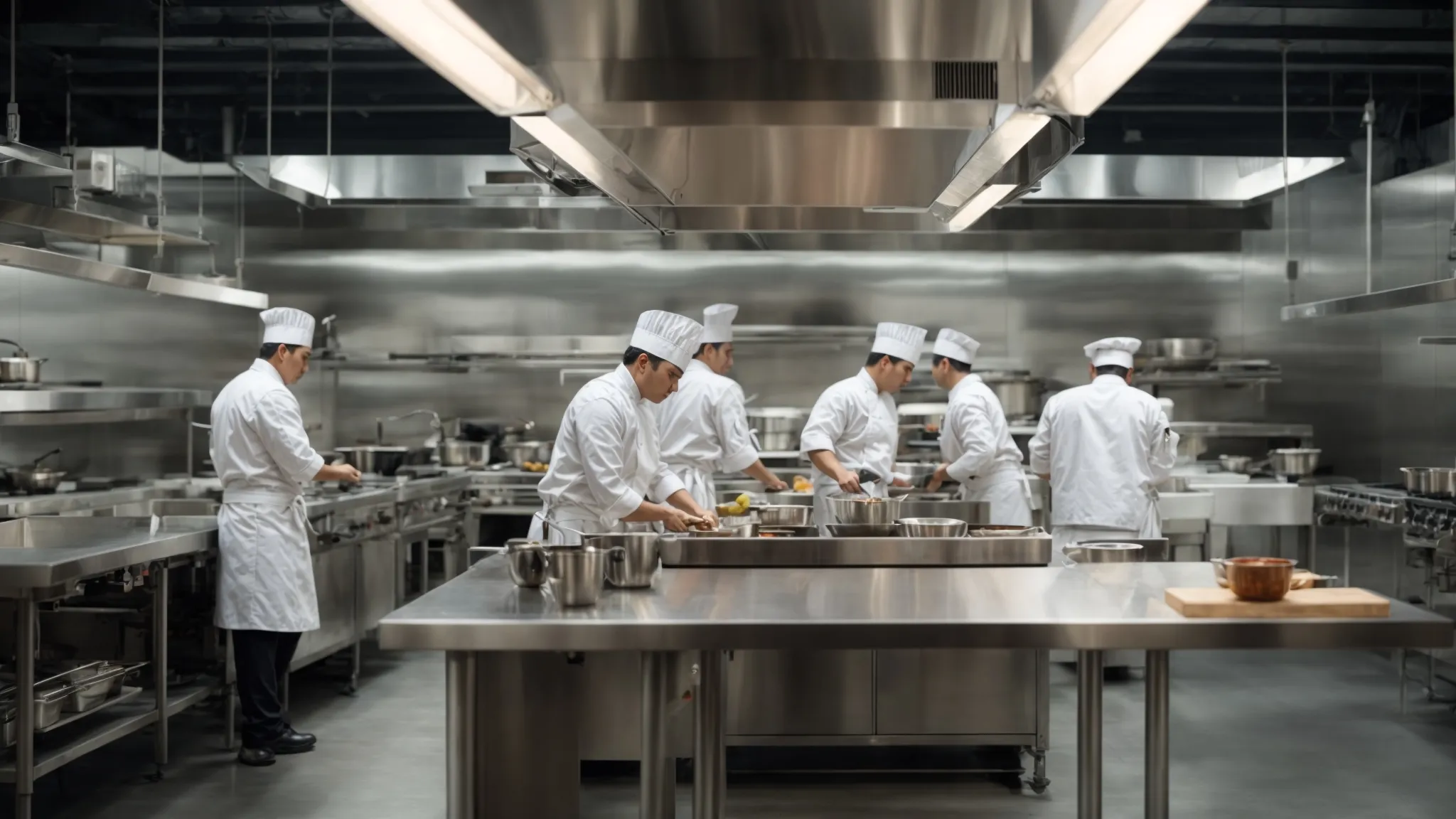 chefs working in a spacious, clean kitchen with visible ventilation hoods above.