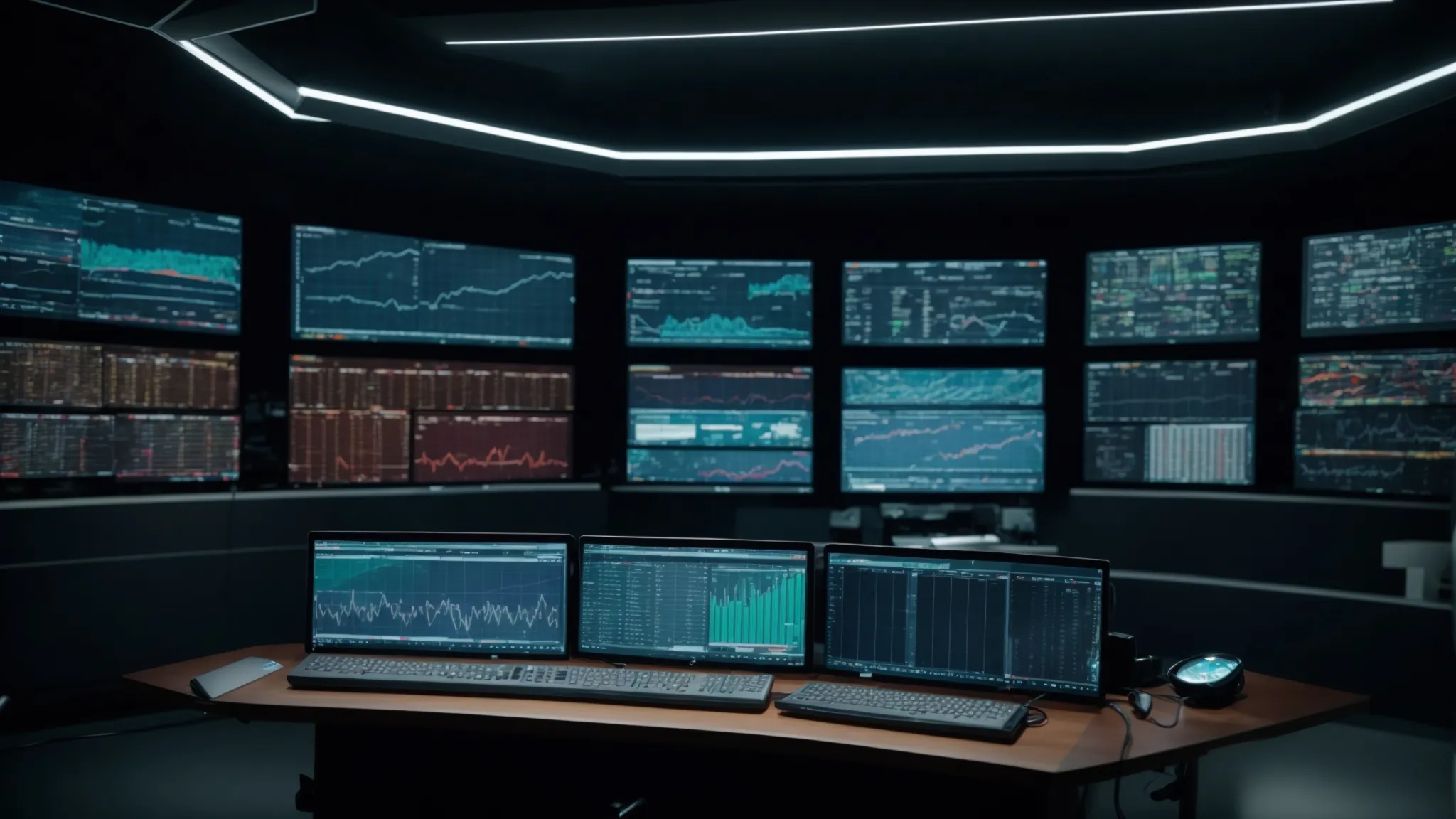 a high-tech control room with multiple screens displaying various analytics and data visualizations.