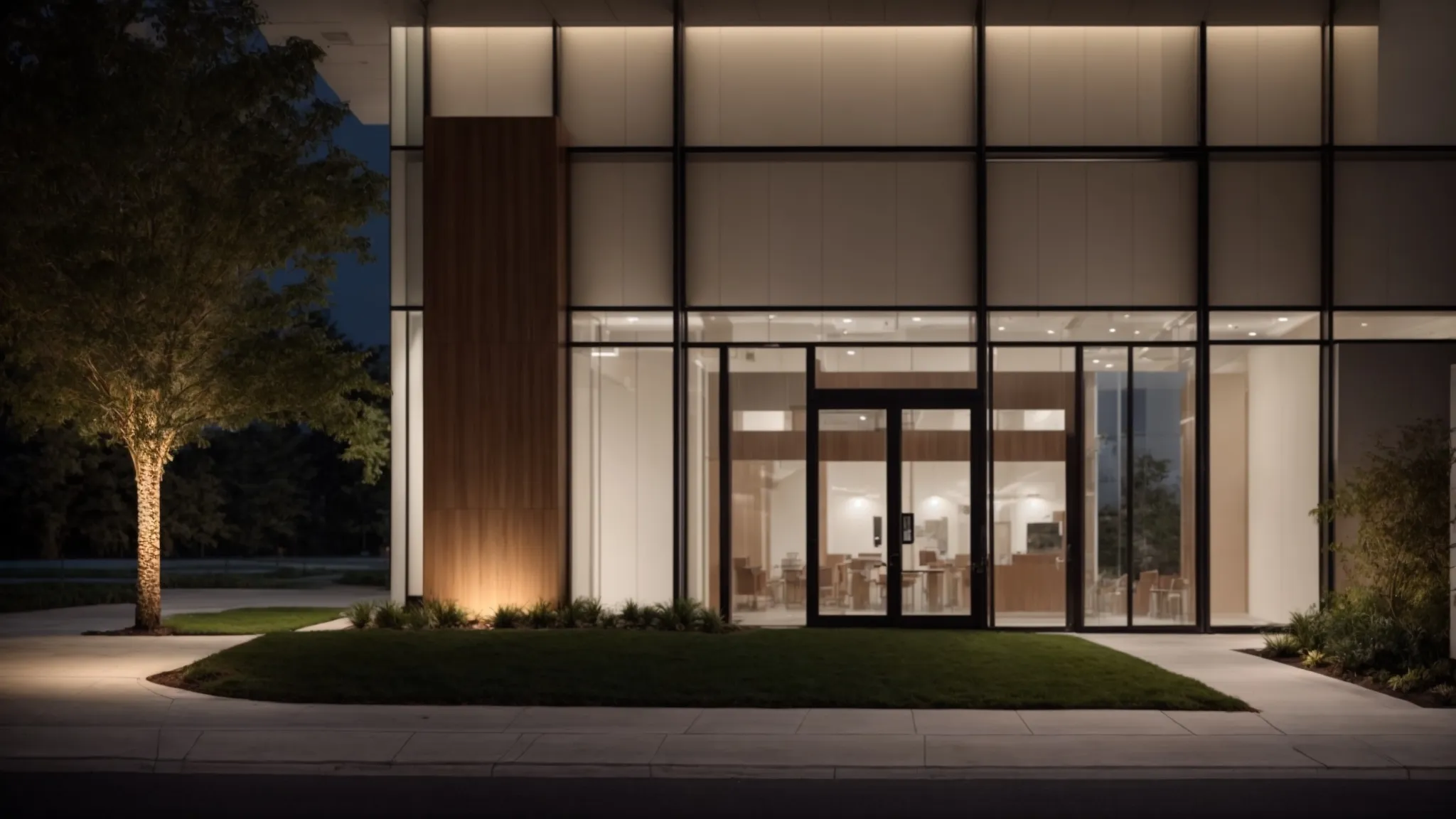 a modern clinic with an inviting front entrance illuminated by soft, welcoming lights at dusk, symbolizing a beacon for healthcare excellence in the digital age.