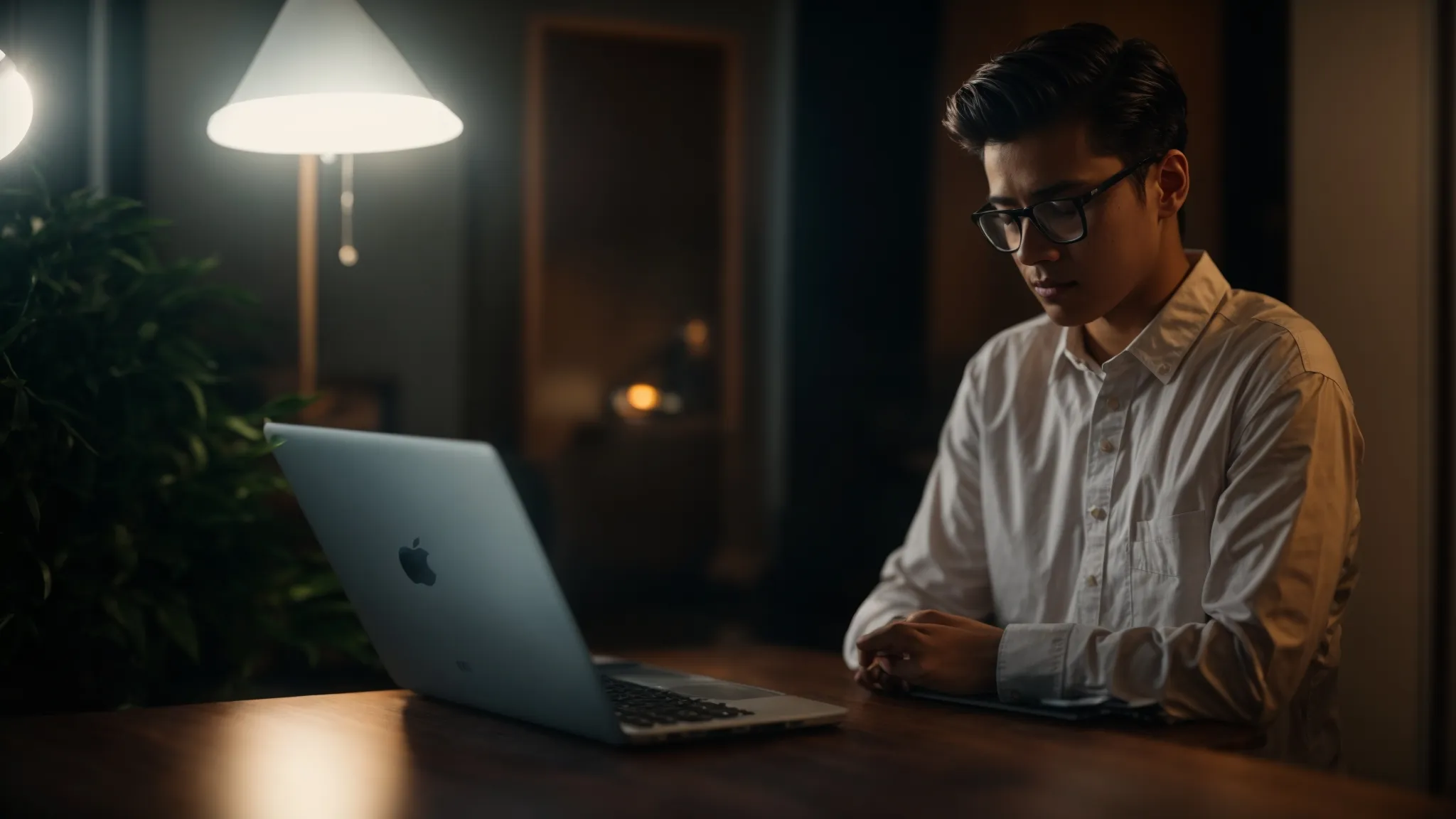 a person staring thoughtfully at a brightly lit laptop screen in a dimly lit room.