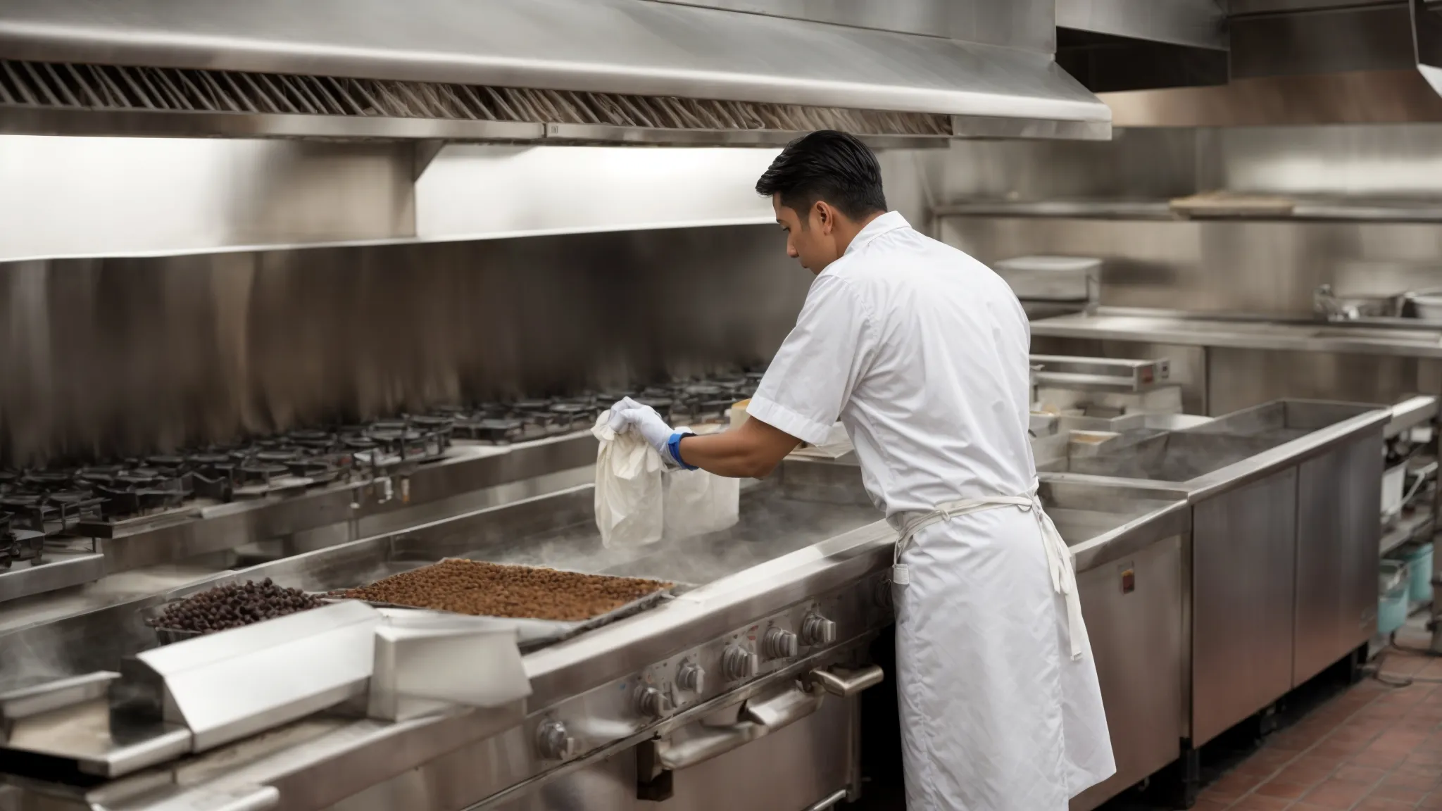 a professional observing the interior of a commercial kitchen hood, inspecting for grease and dust accumulation.