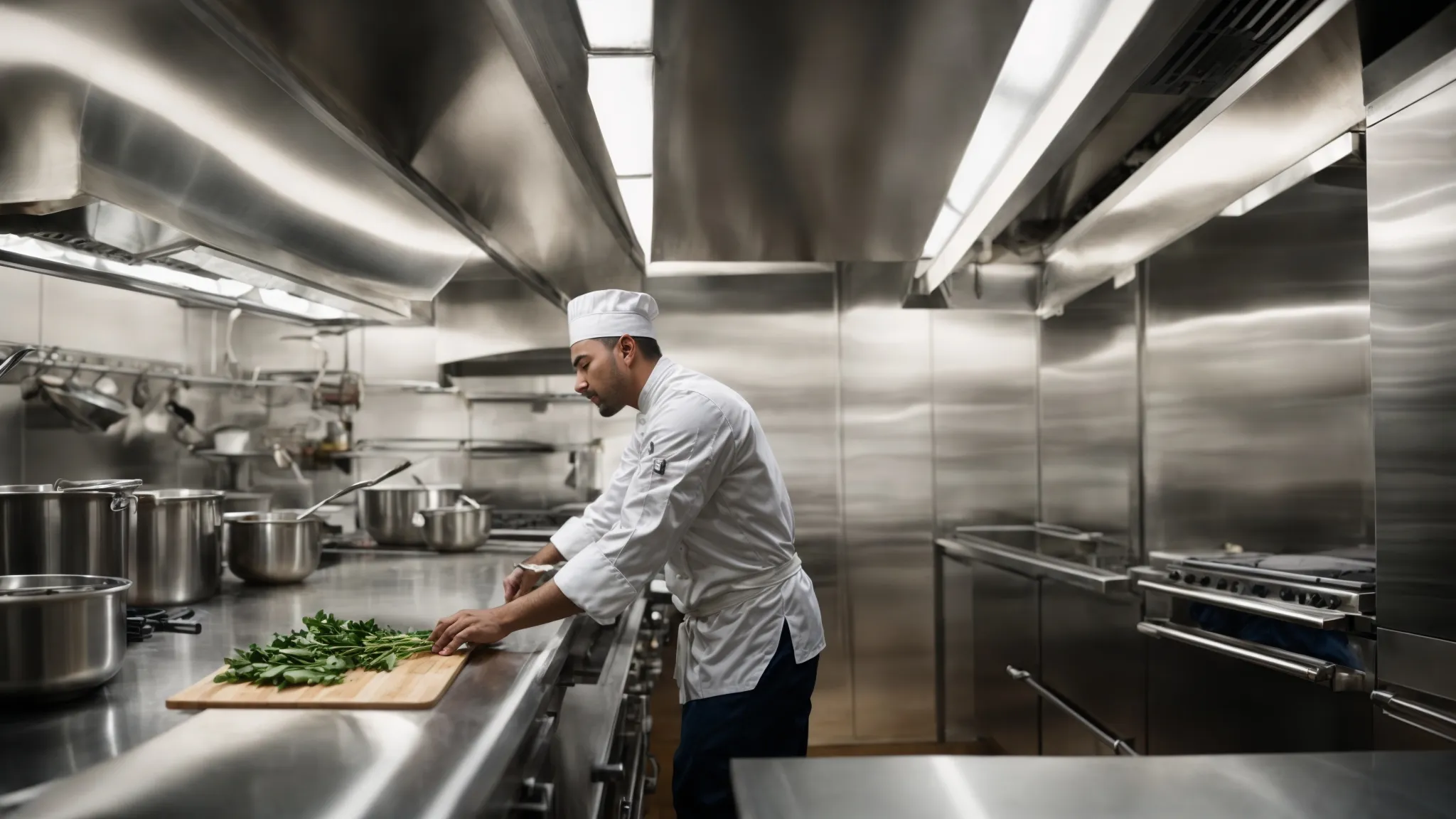 amid the gleam of stainless steel, a chef purposefully wipes down the shining surface of a Toronto Hood Cleaning, embodying the essence of diligence and cleanliness.