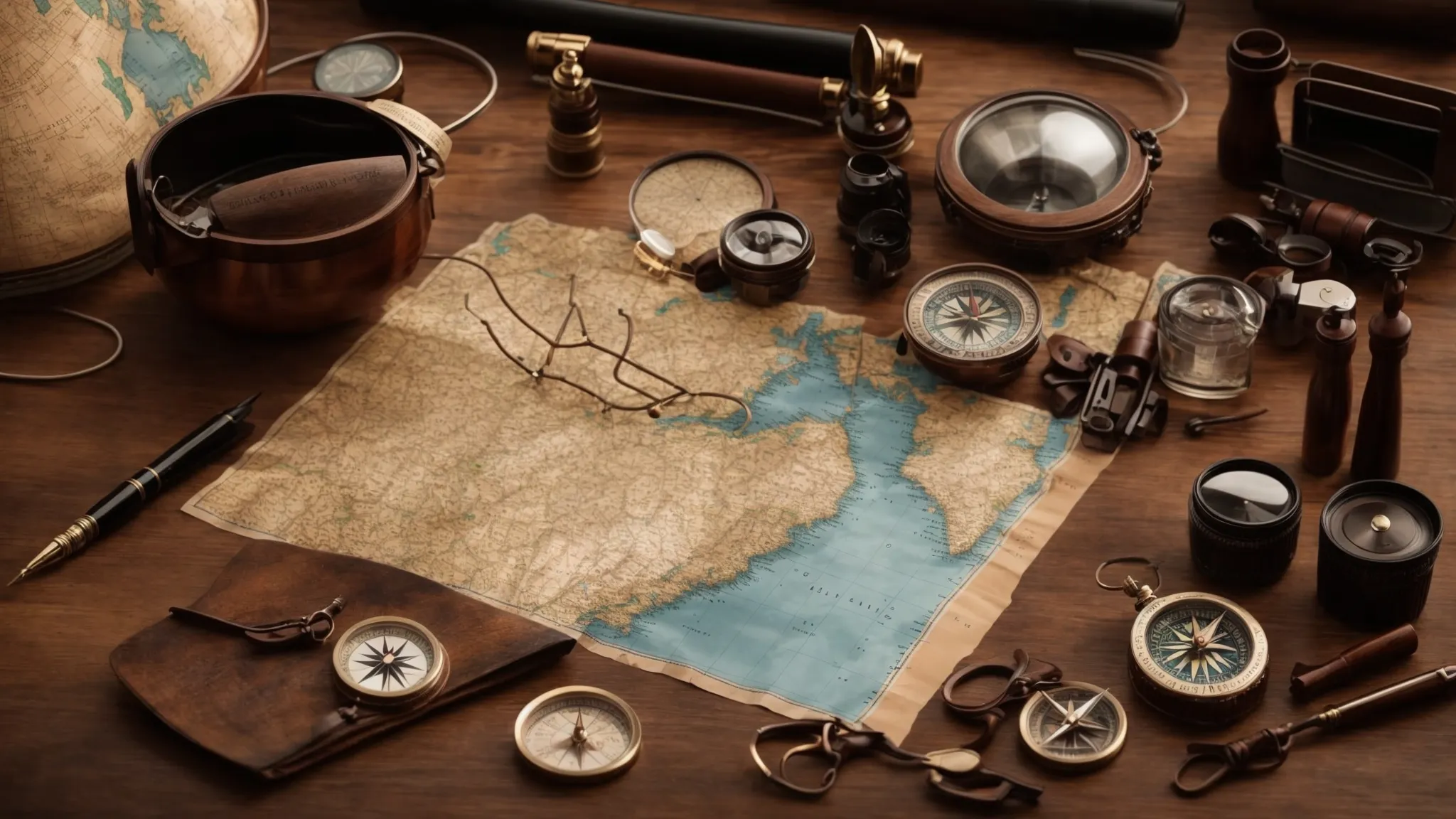 a compass, maps, and navigational tools spread out on a wooden table, symbolizing strategic exploration and planning.
