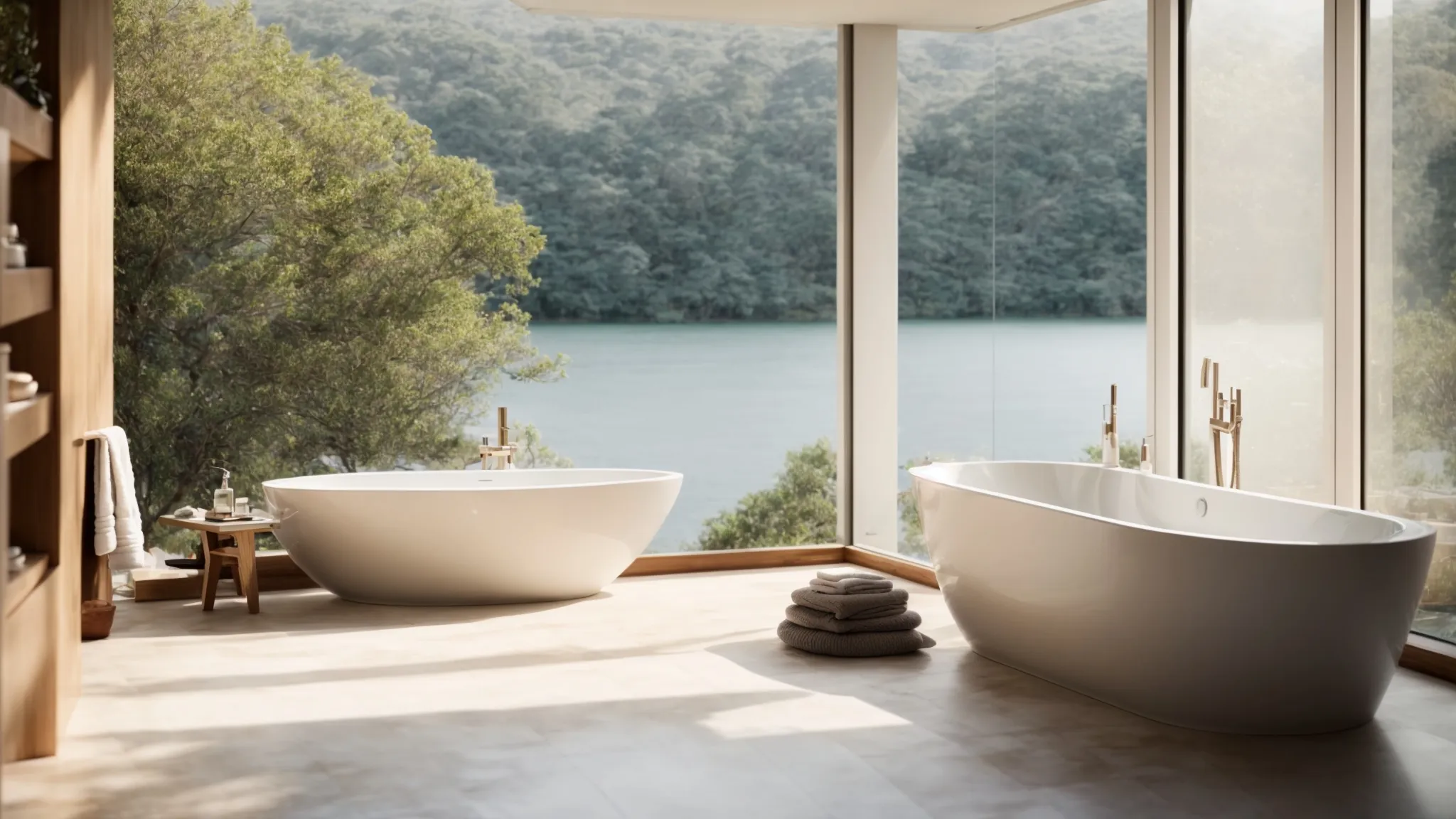 a serene corner bathtub nestled in a minimalistic and elegantly designed bathroom, overlooking a large window with a view.